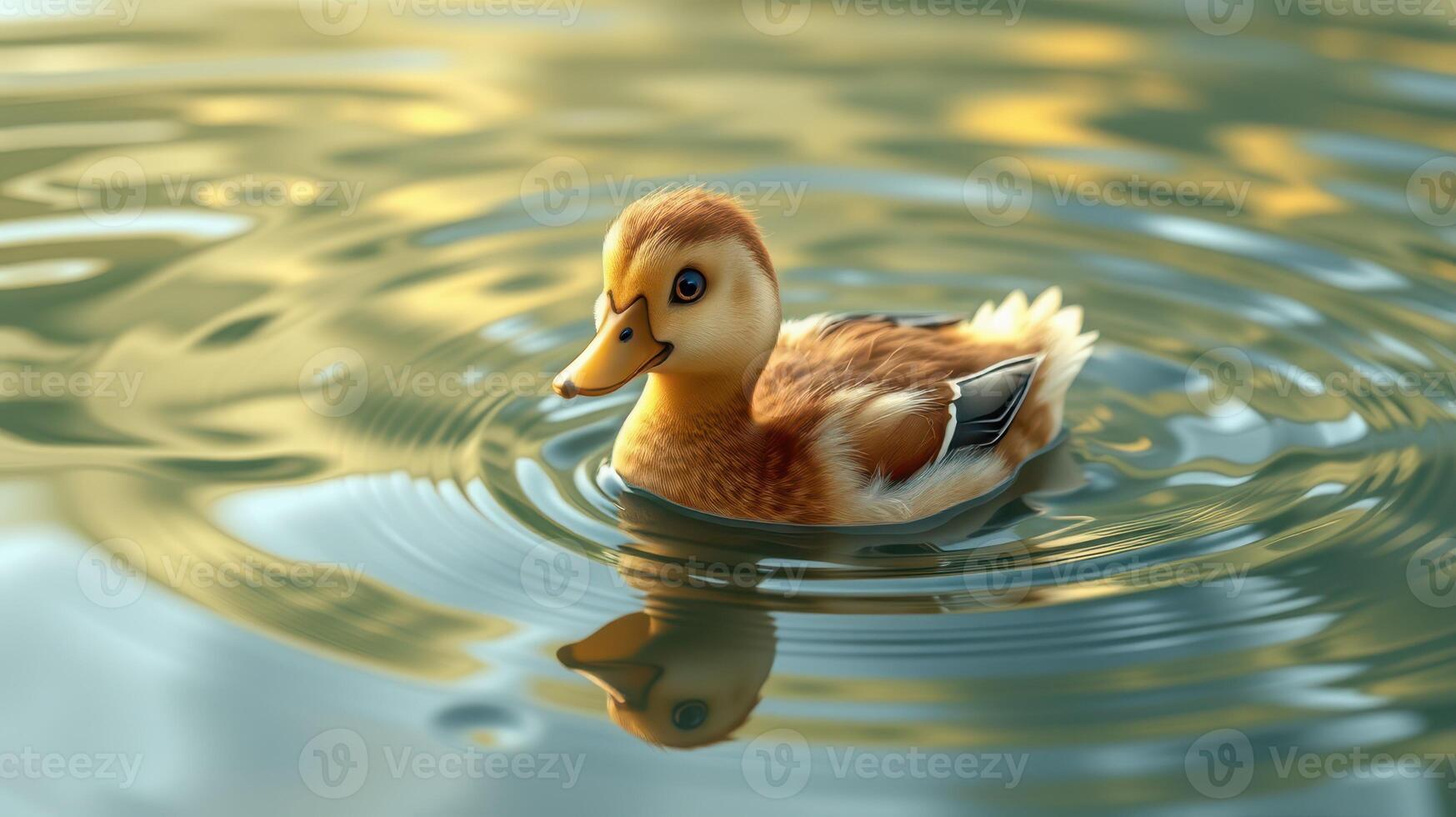 Baby duck swimming gracefully in a serene pond during golden hour photo
