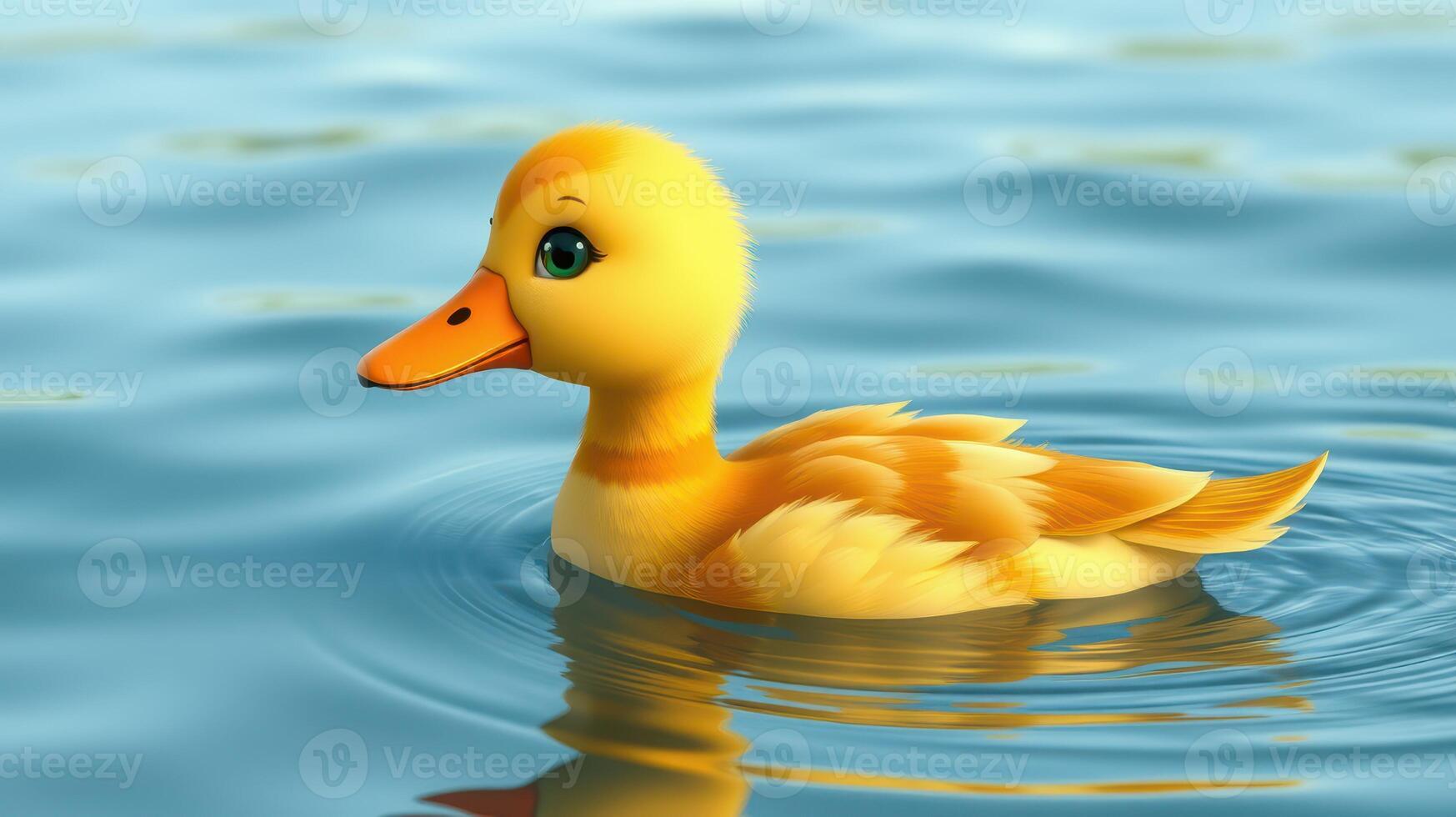 Cute yellow duckling swimming in calm water during a sunny day by a peaceful lake photo