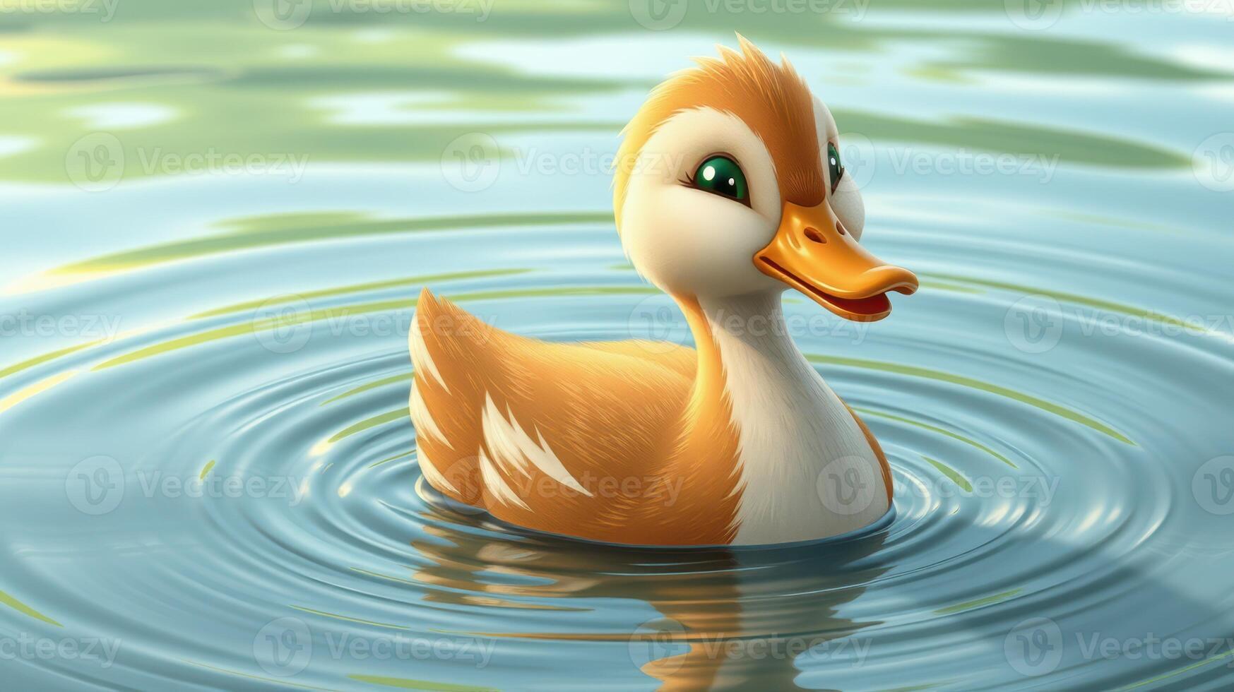 Cute cartoon duck swimming in a serene pond surrounded by lush greenery during a bright sunny day photo