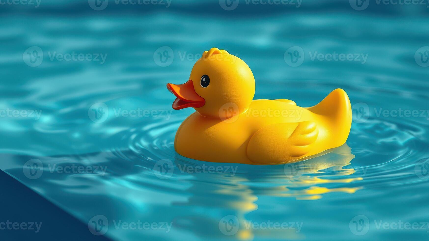 Rubber duck floating in a serene pool during bright sunny day photo