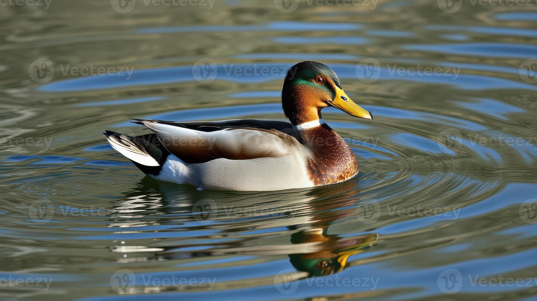 Mallard duck swimming gracefully on calm water reflecting the blue sky in a serene natural setting photo