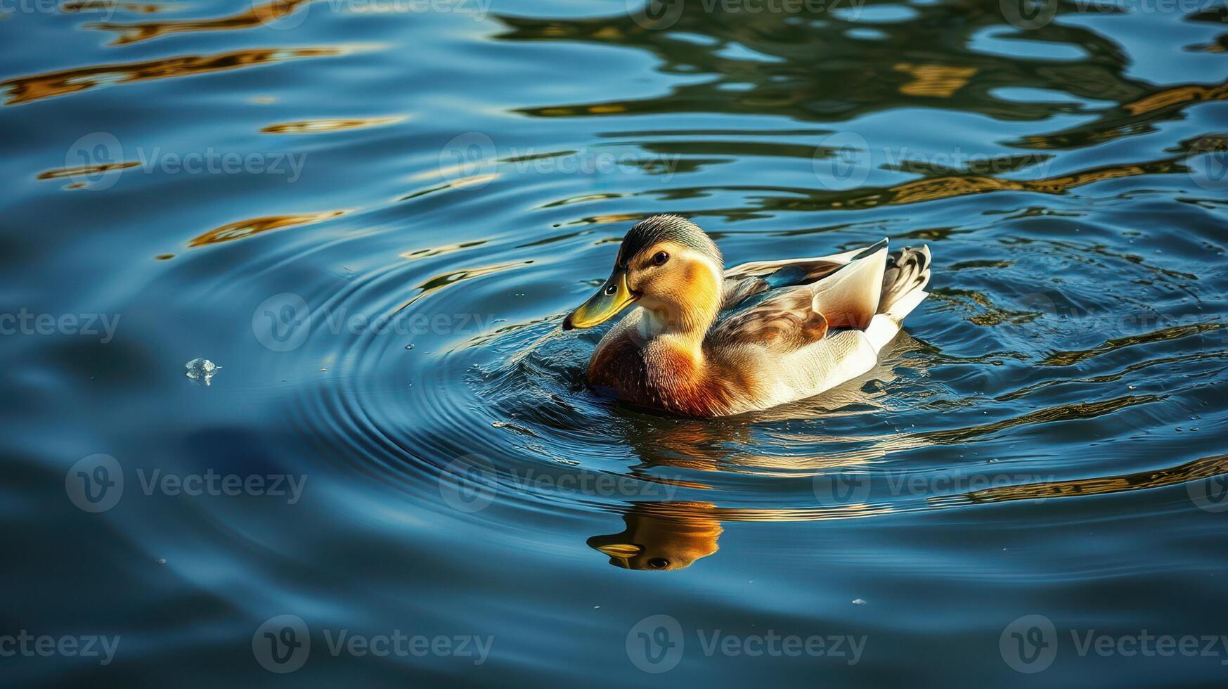 Duck swimming gracefully in a serene pond under the evening sun photo