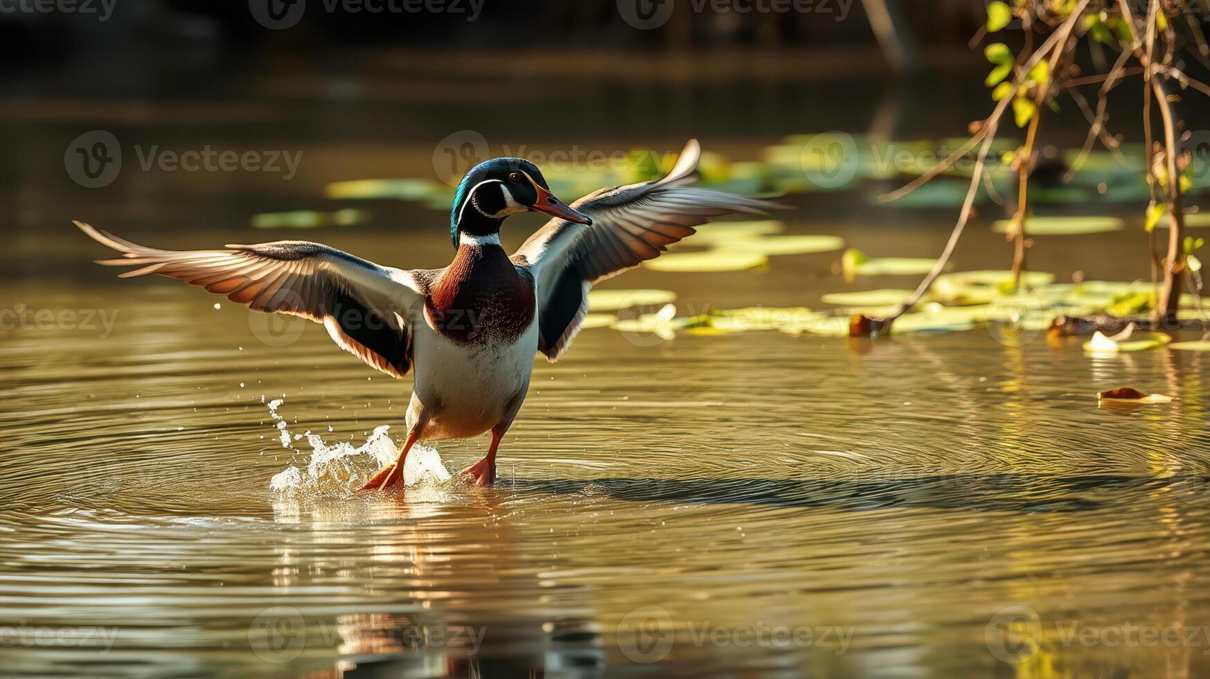 Colorful duck flaps its wings while splashing in a tranquil pond surrounded by greenery photo