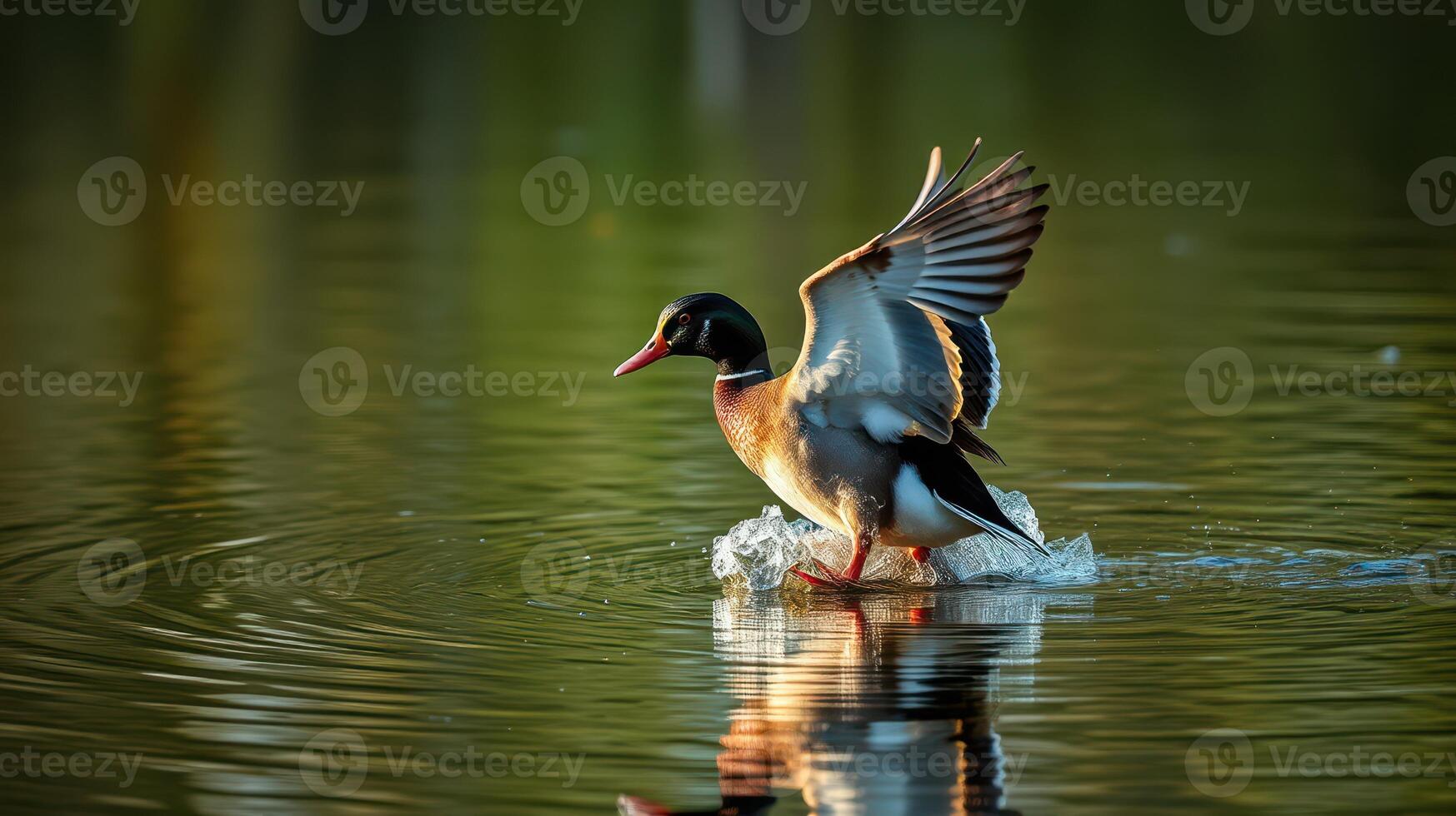Bird spreads wings while wading in serene water during golden hour at a tranquil pond photo