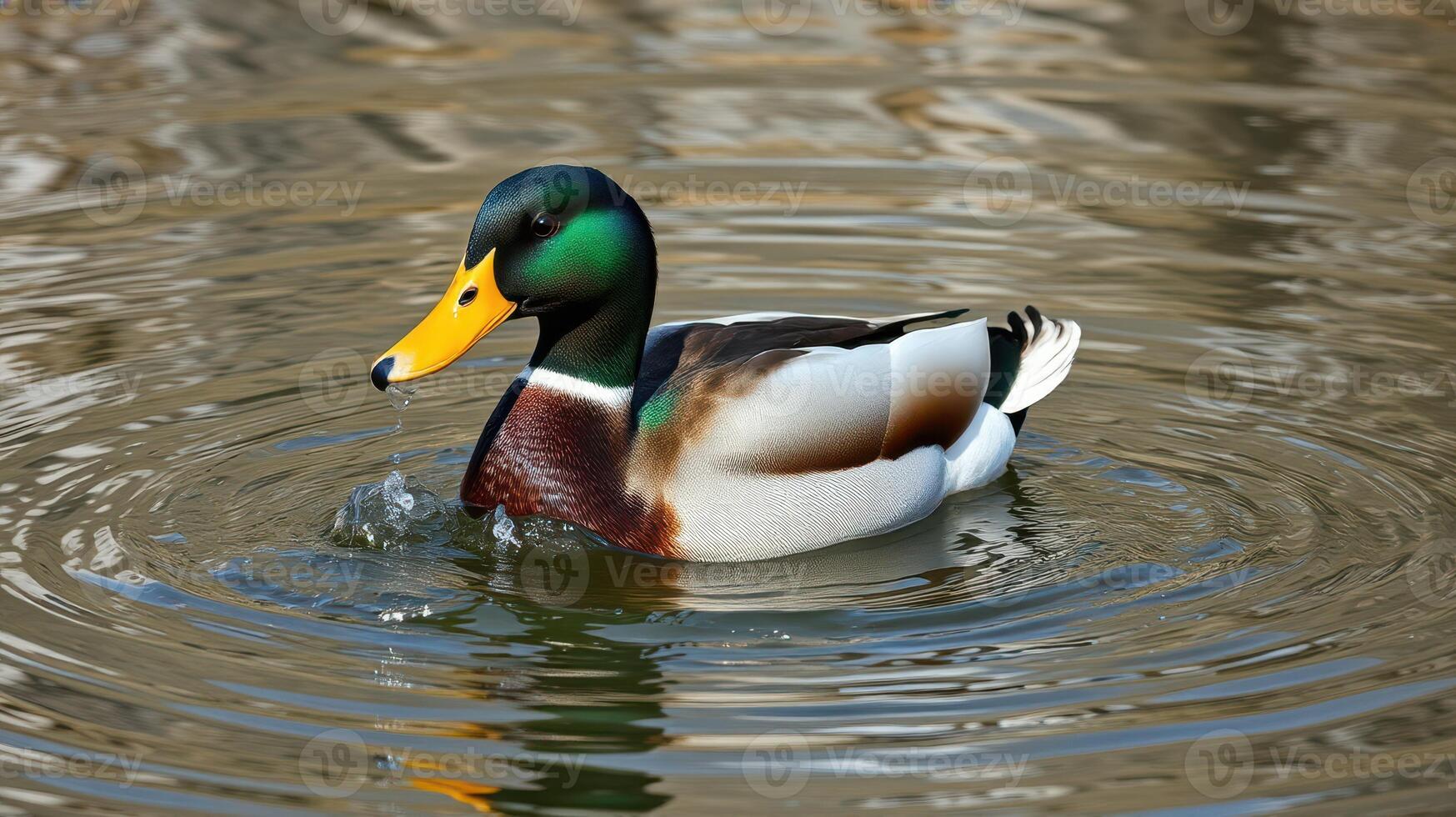 Mallard duck swimming in calm waters during a sunny day in a natural park setting photo