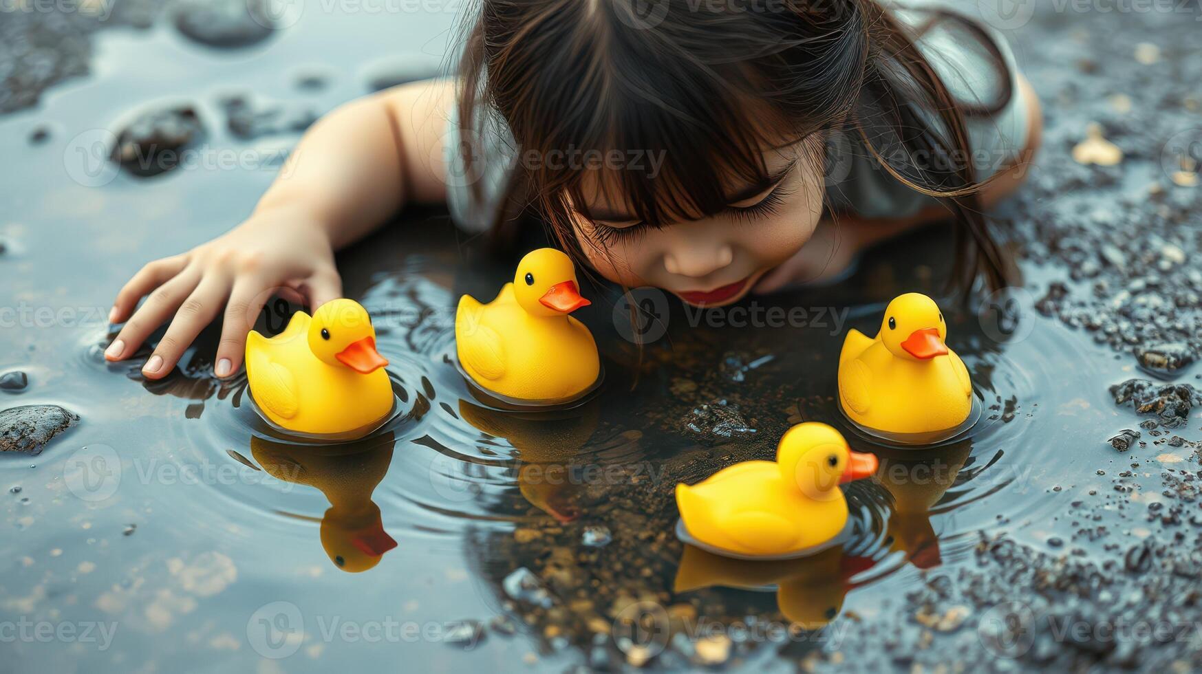 Child enjoys playing in a puddle with yellow rubber ducks on a rainy day outdoors photo
