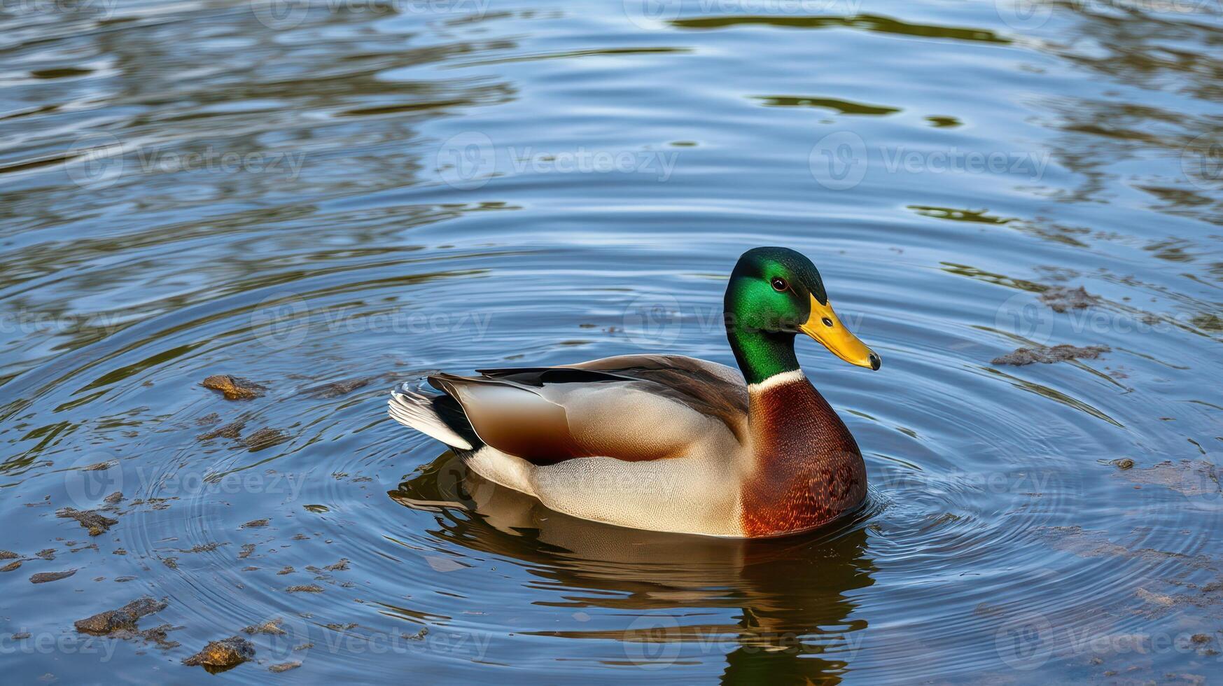Mallard duck swimming peacefully in a serene pond surrounded by rippling water under bright sunlight photo