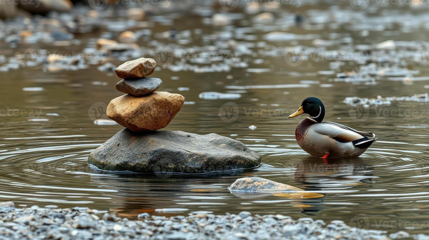Calm waters host a duck alongside carefully stacked stones in a natural setting during daylight hours photo