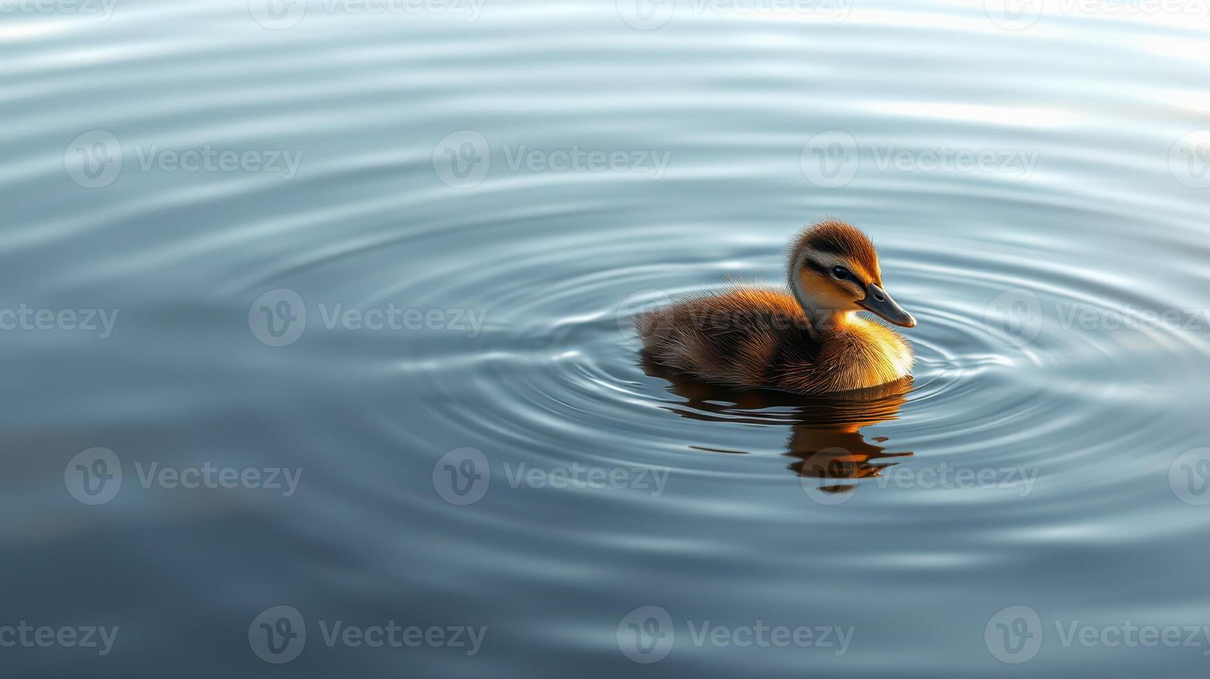 Duckling swims in gentle ripples of a serene lake during early morning light surrounded by tranquility photo