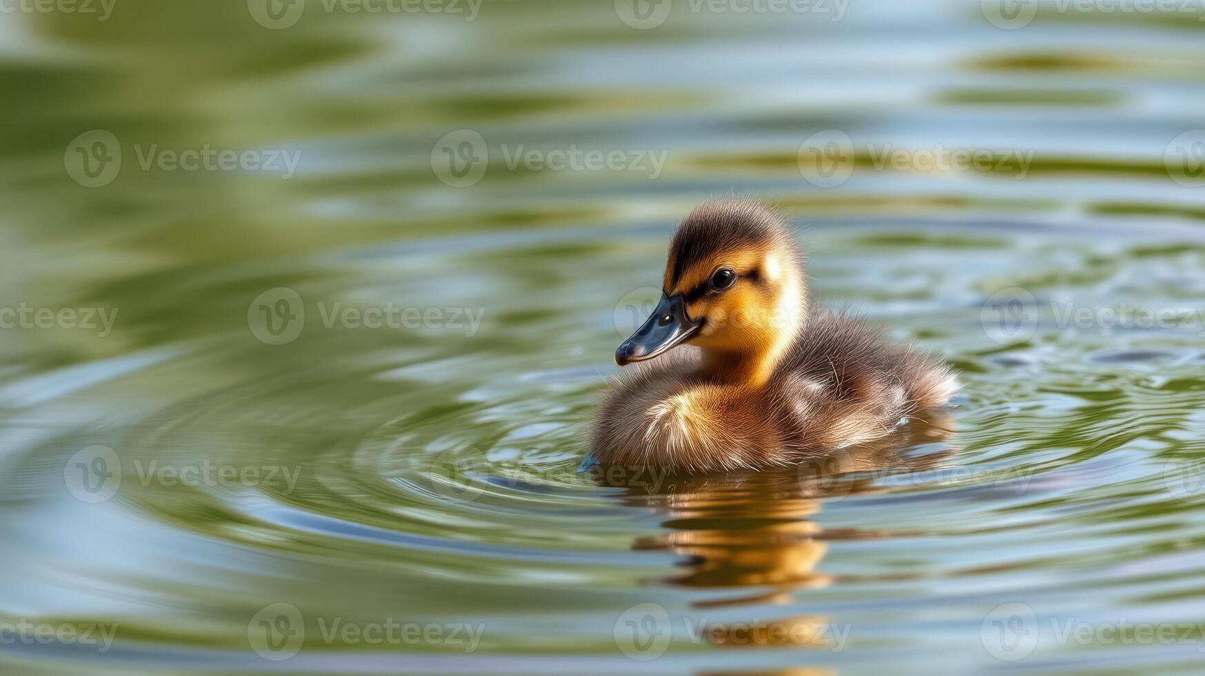 Duckling swimming in a calm pond surrounded by lush greenery on a sunny day photo