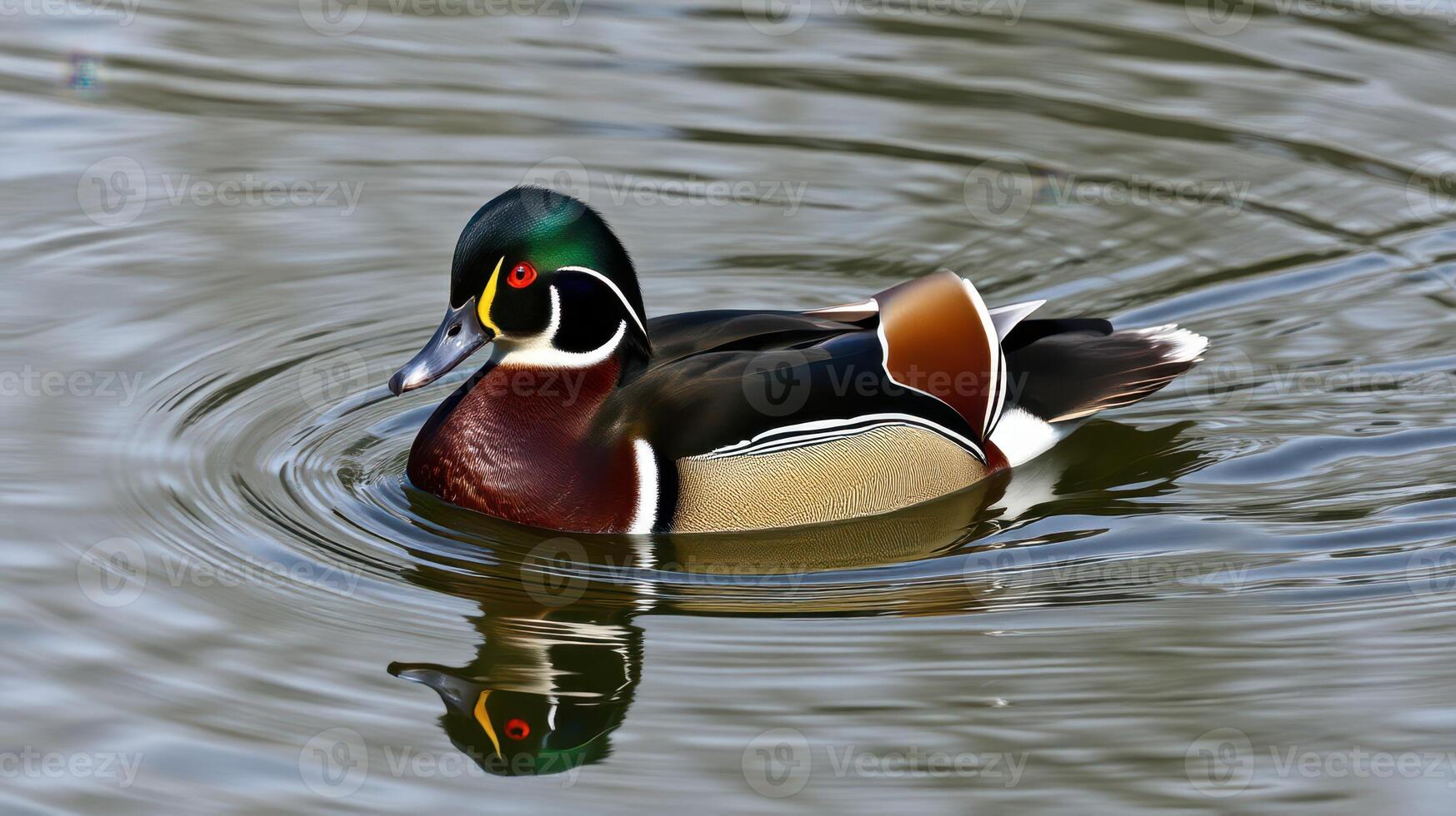 Brightly colored wood duck gliding on calm water showcasing its vibrant plumage in a serene natural setting photo