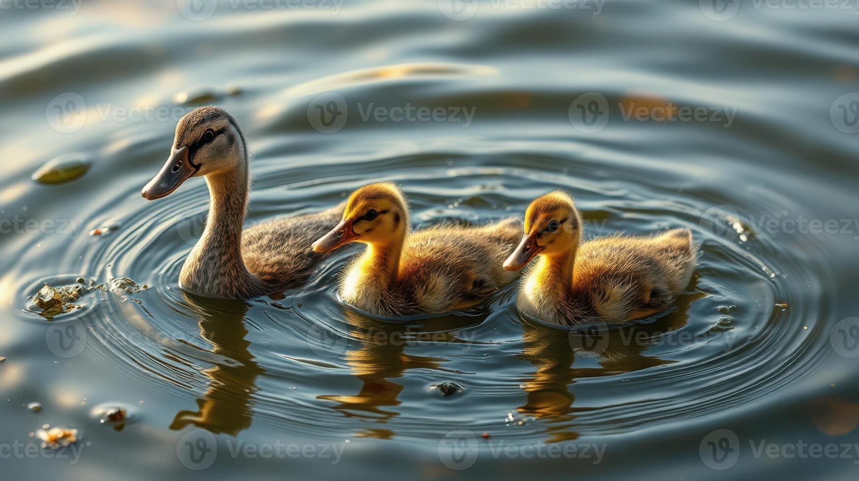 Ducks with ducklings swimming peacefully in a serene pond during golden hour light photo