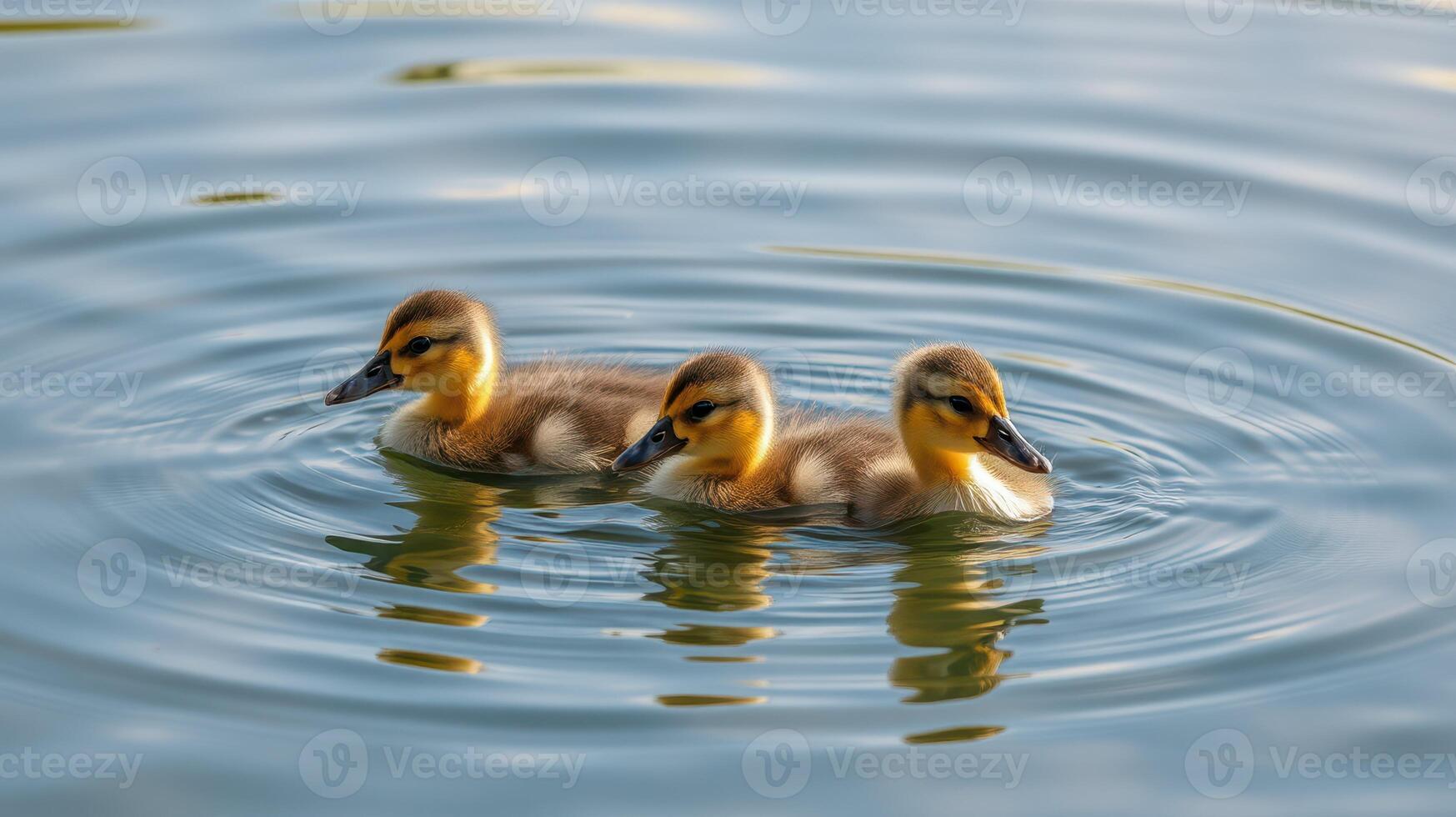 Three ducklings swim together in a serene pond surrounded by gentle ripples in the early morning light photo