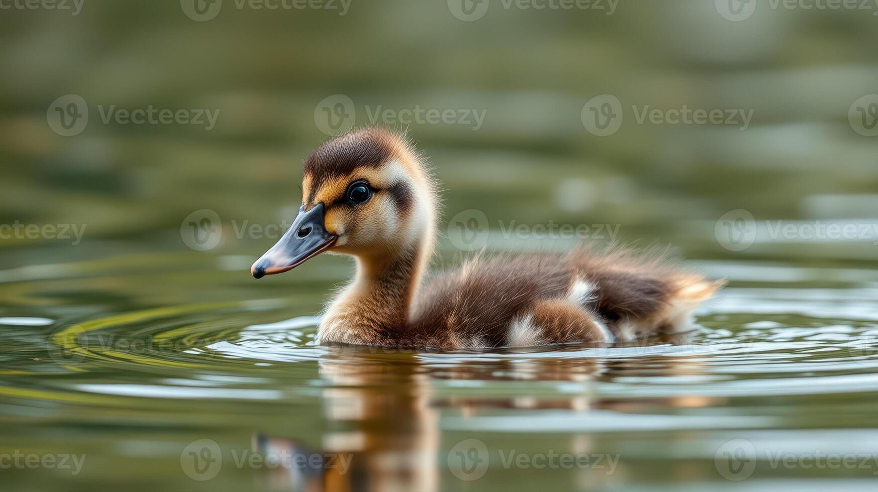 Cute duckling swims gracefully in a serene pond surrounded by lush greenery photo