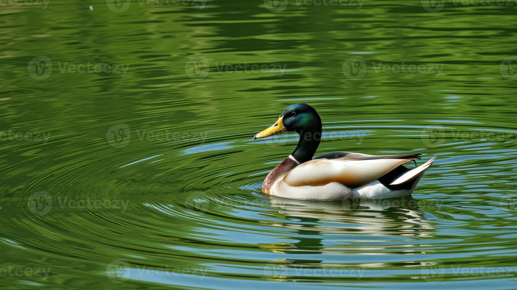 Male mallard duck swimming in a serene pond surrounded by lush greenery photo