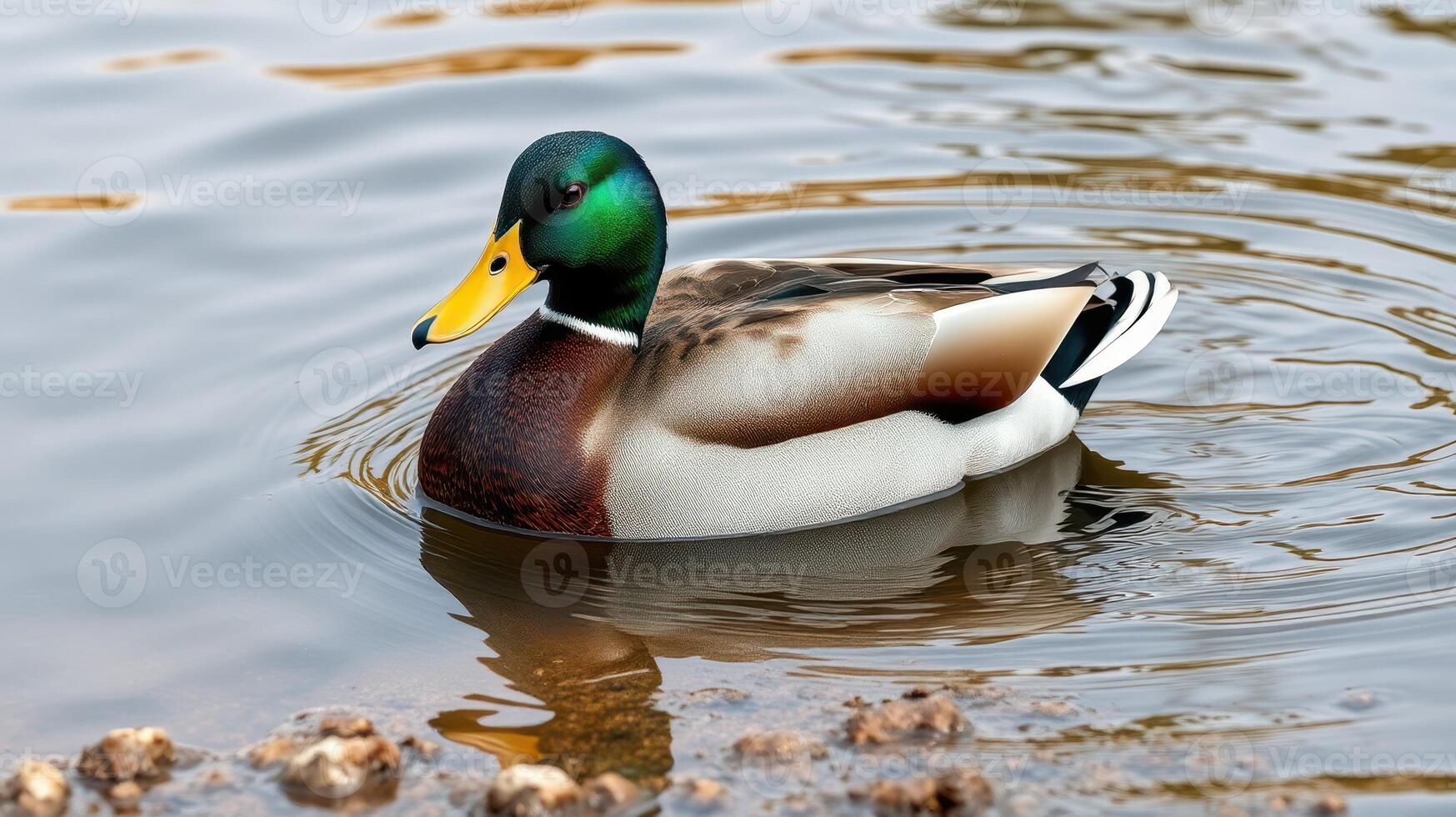 Duck swimming gracefully across a tranquil pond surrounded by natural scenery photo
