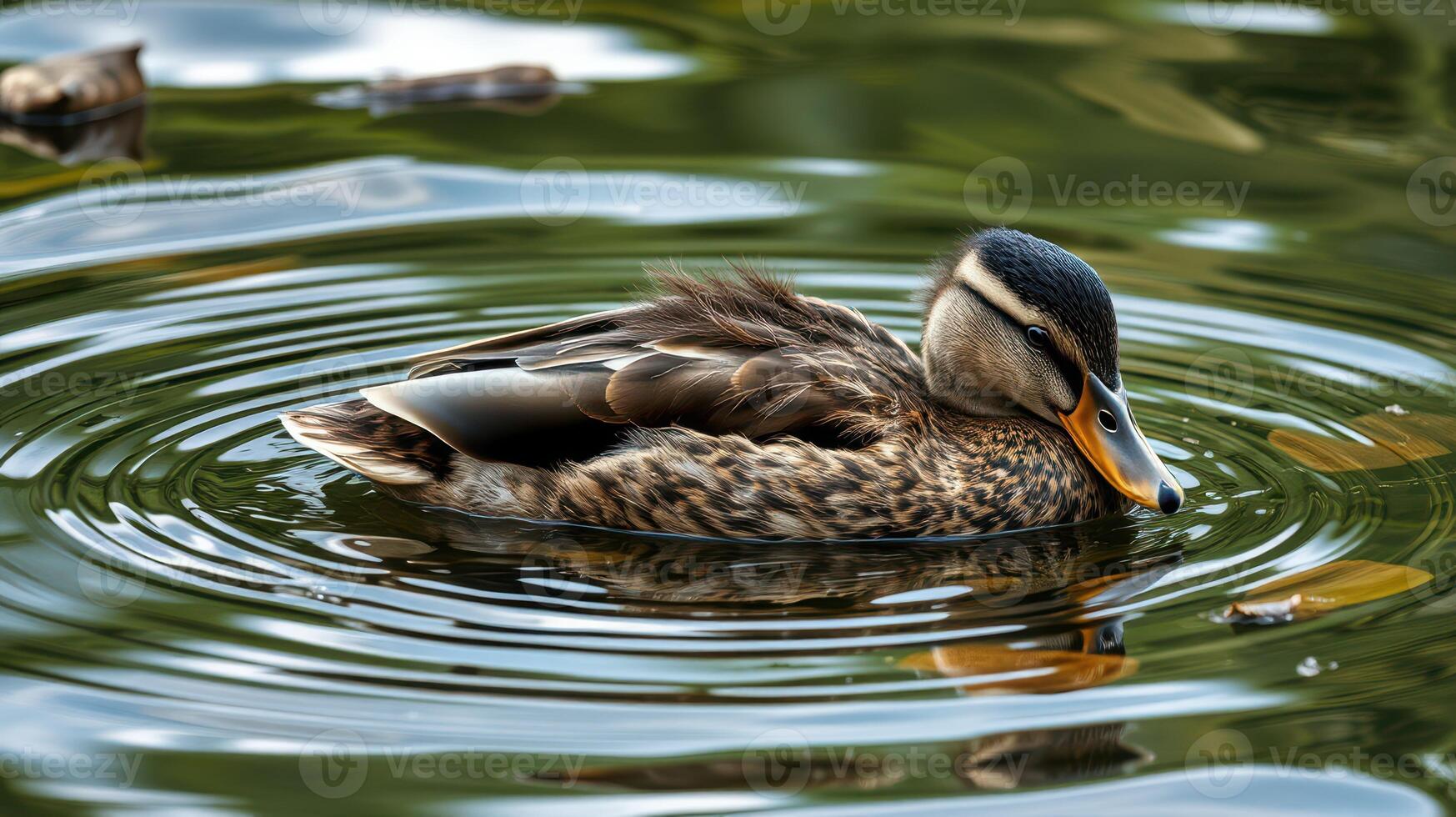 Duck swimming peacefully in a serene pond reflecting natural surroundings in the early afternoon light photo