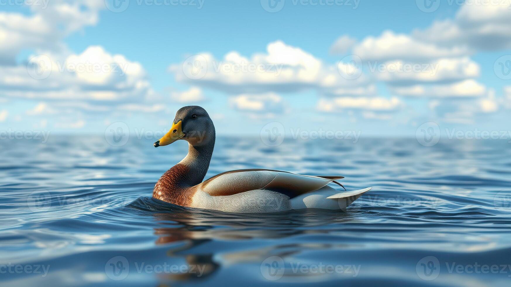 Duck swimming calmly on a clear lake under a bright blue sky filled with fluffy clouds photo
