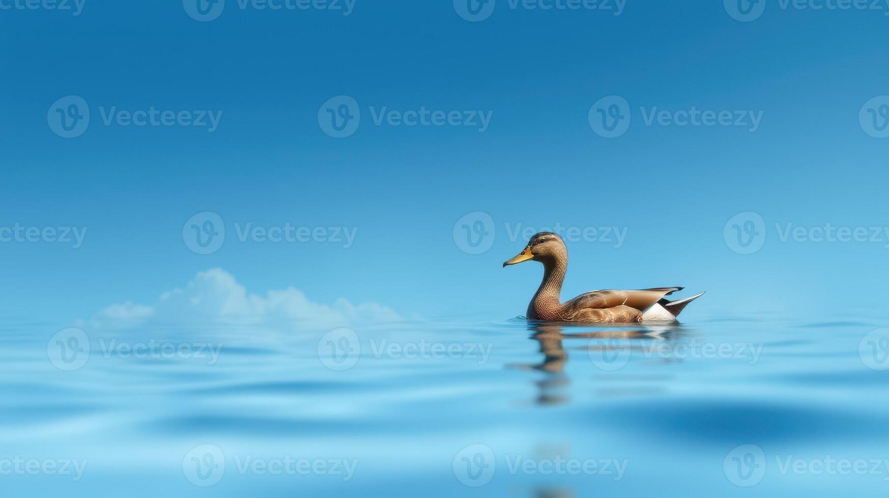 Duck swimming calmly in tranquil blue water under a clear sky during a sunny day photo