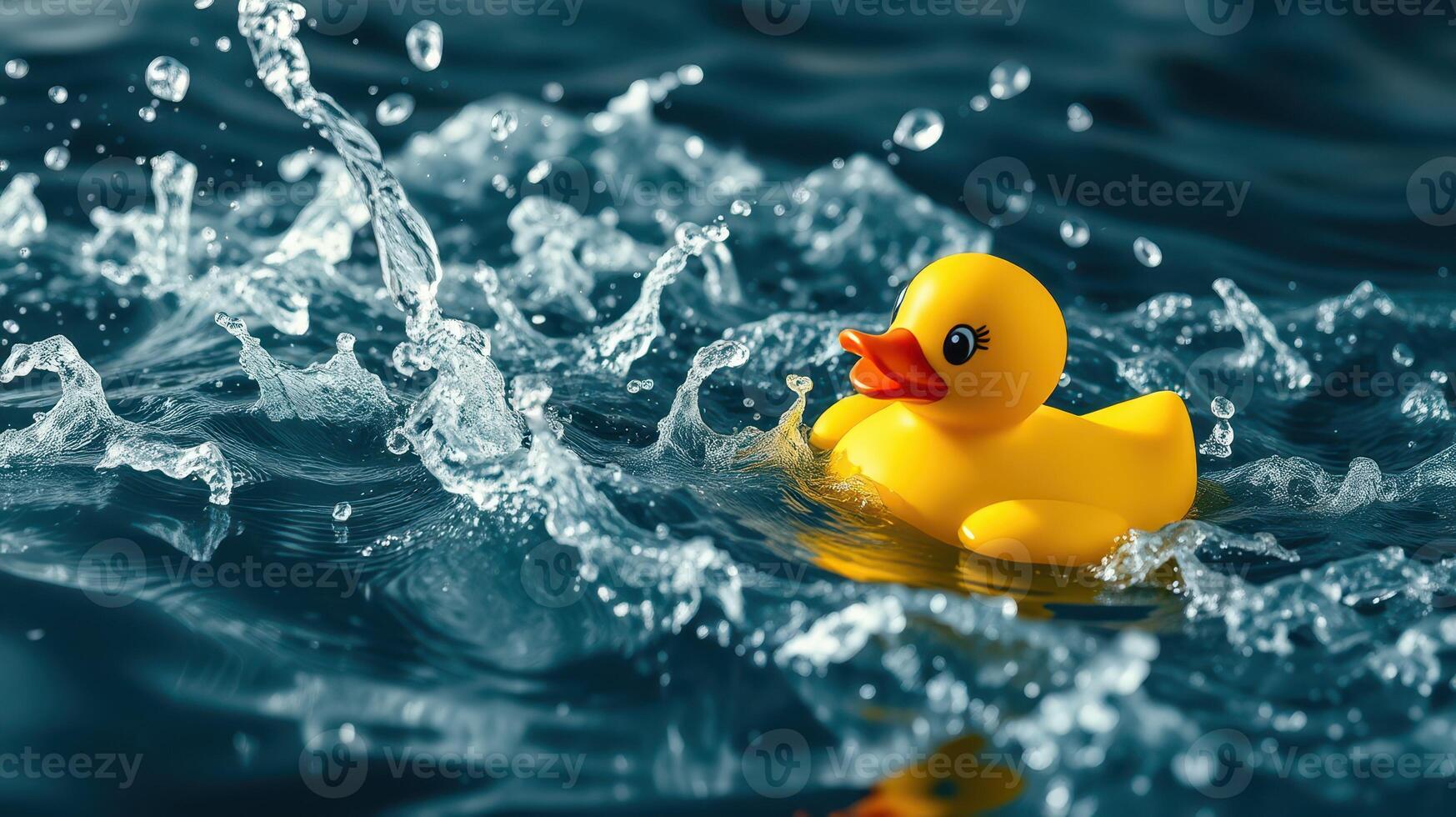 Bright yellow rubber duck floats on sparkling water creating small splashes in a serene environment during daylight photo