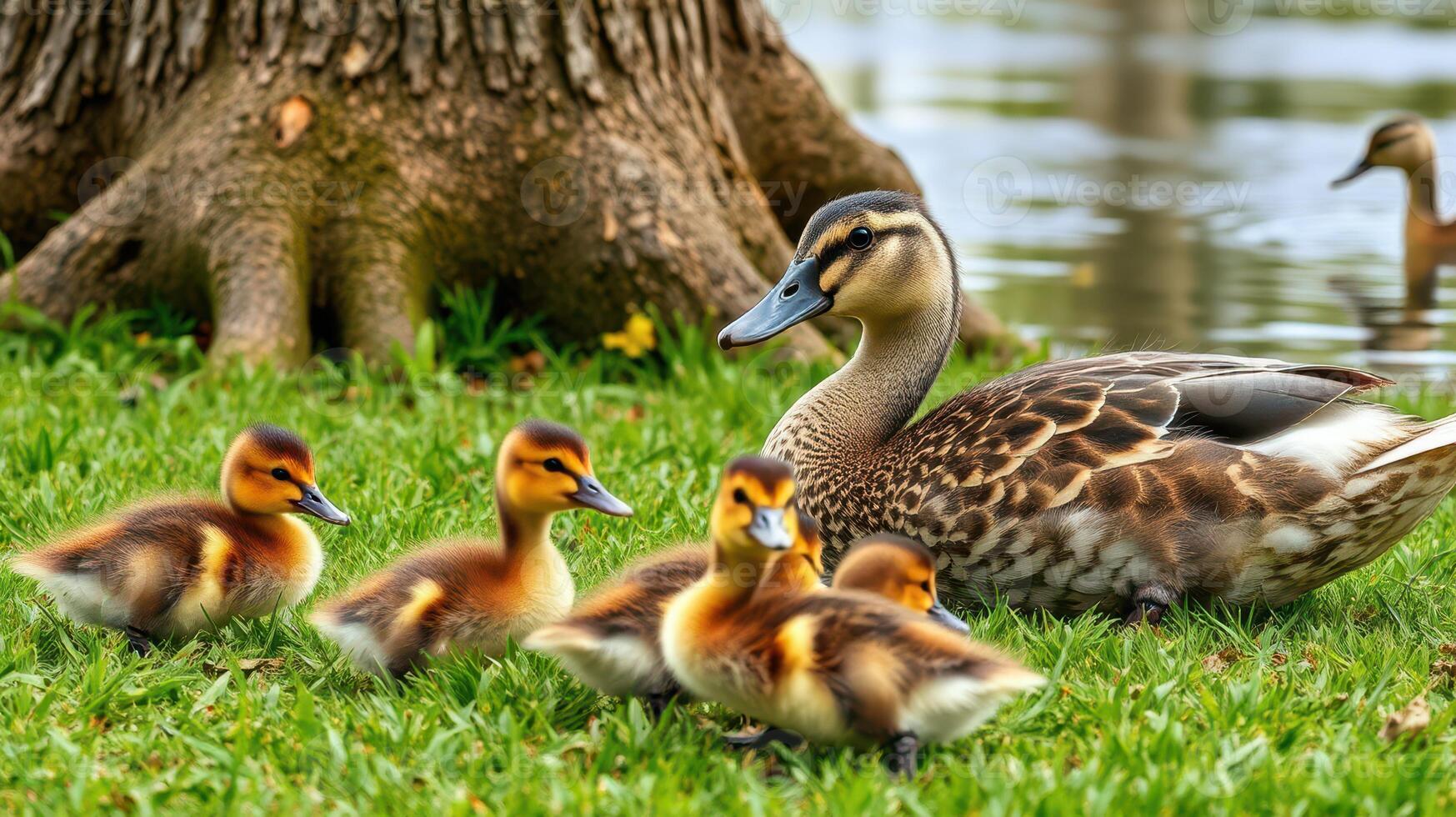 Mother duck watches over her adorable ducklings by the pond on a sunny afternoon in the park photo