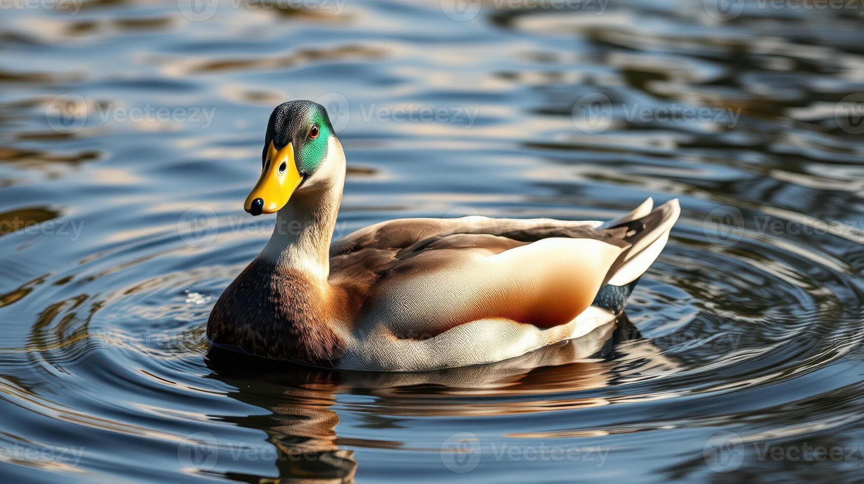 Colorful mallard duck swimming gracefully in a serene pond during the early morning light photo