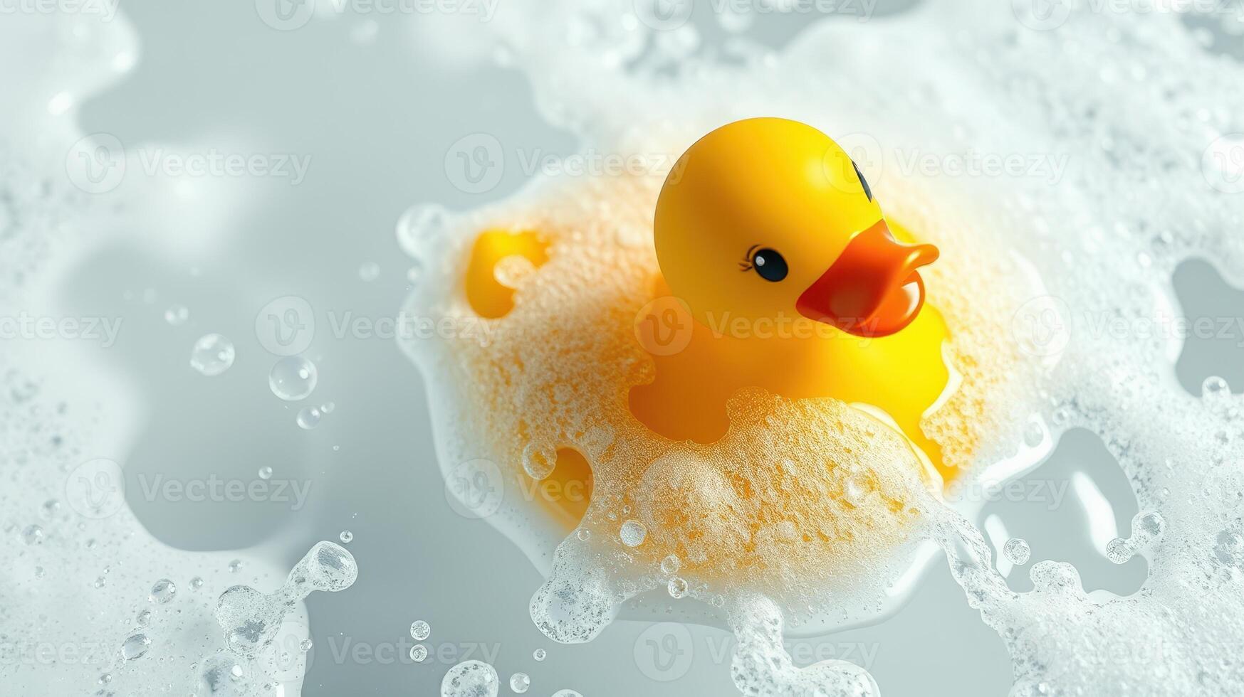 Cheerful rubber duck floating in bubbly bathwater creates a playful atmosphere for relaxation and fun photo