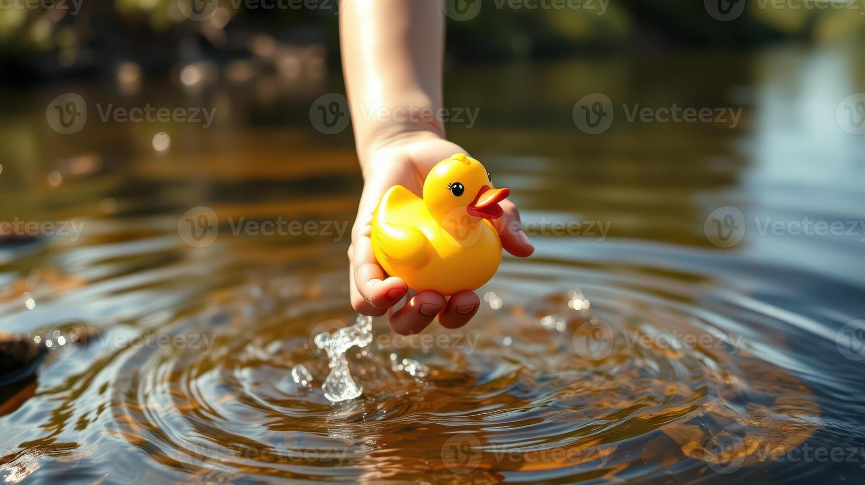 Child plays with a yellow rubber duck in a calm pond surrounded by greenery on a sunny day photo