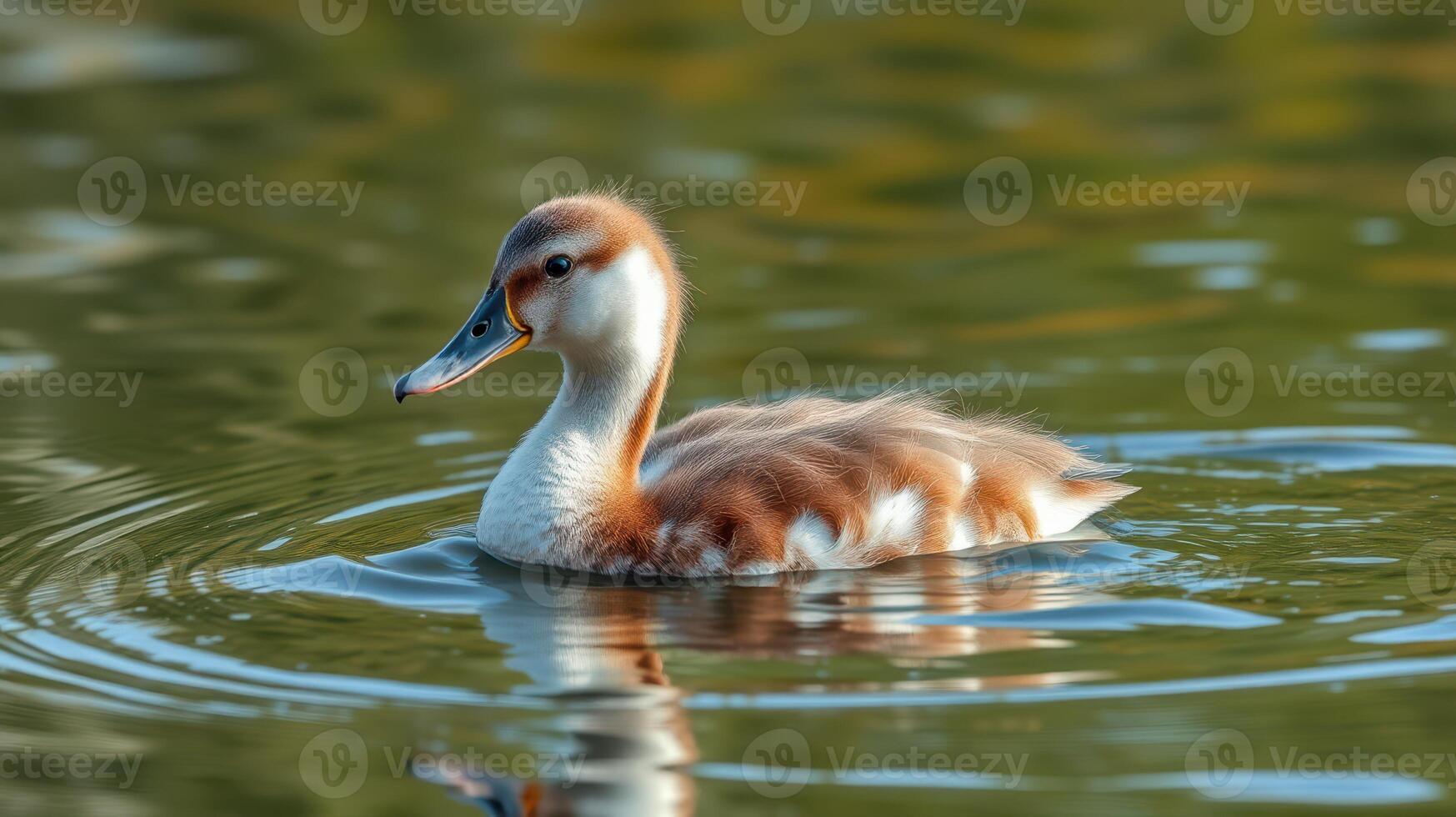Beautiful duckling swims gracefully in a serene pond during a sunny afternoon photo