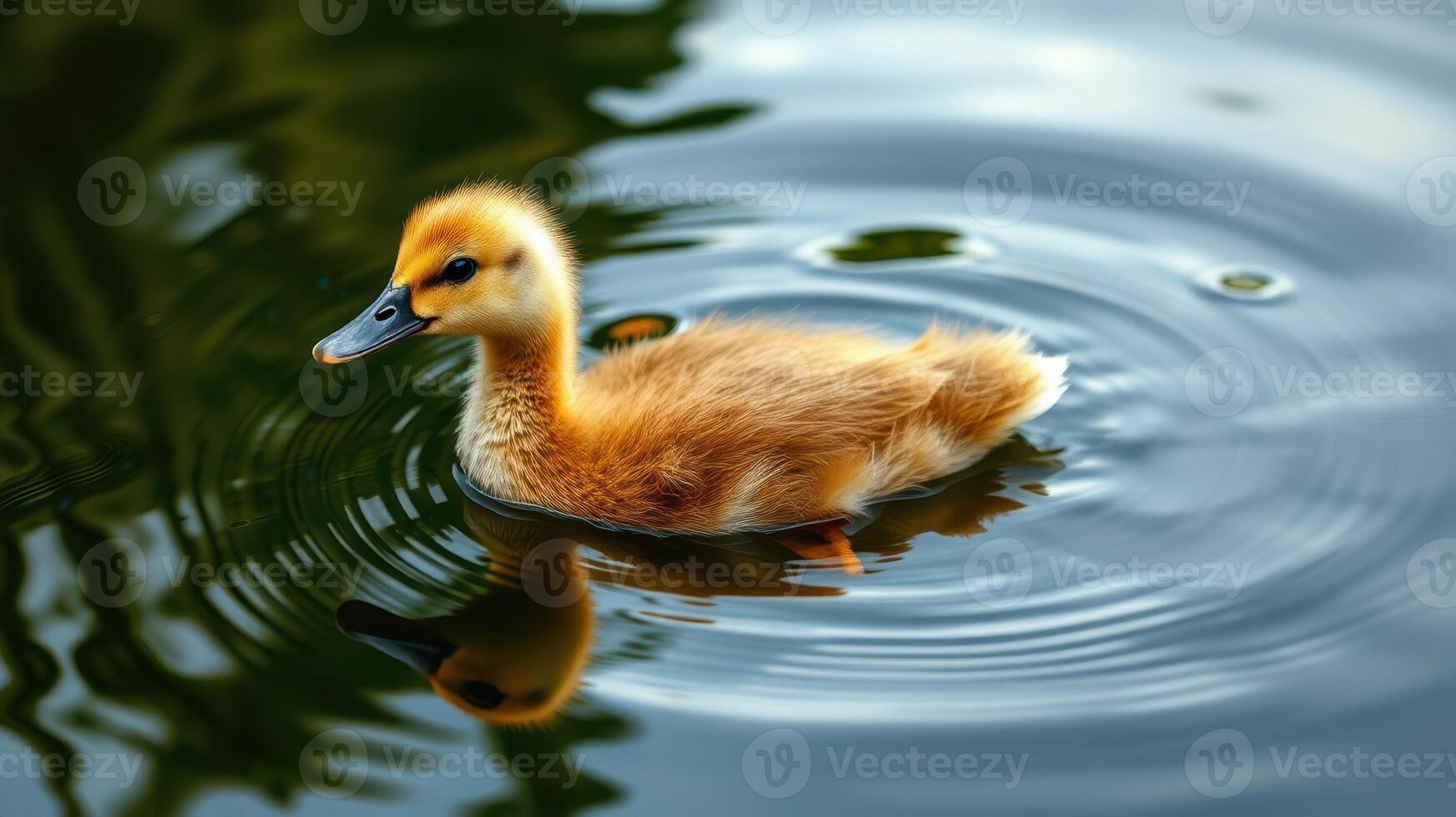 Duckling swims peacefully on a calm pond surrounded by reflections of trees photo