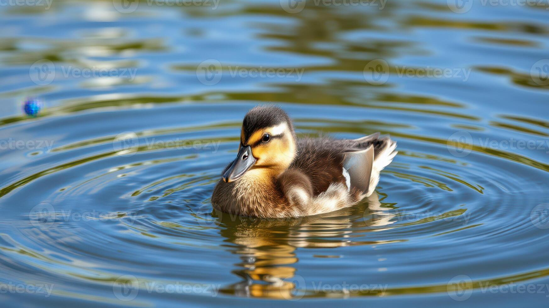 Duckling swimming in clear water creating ripples under a bright sun photo