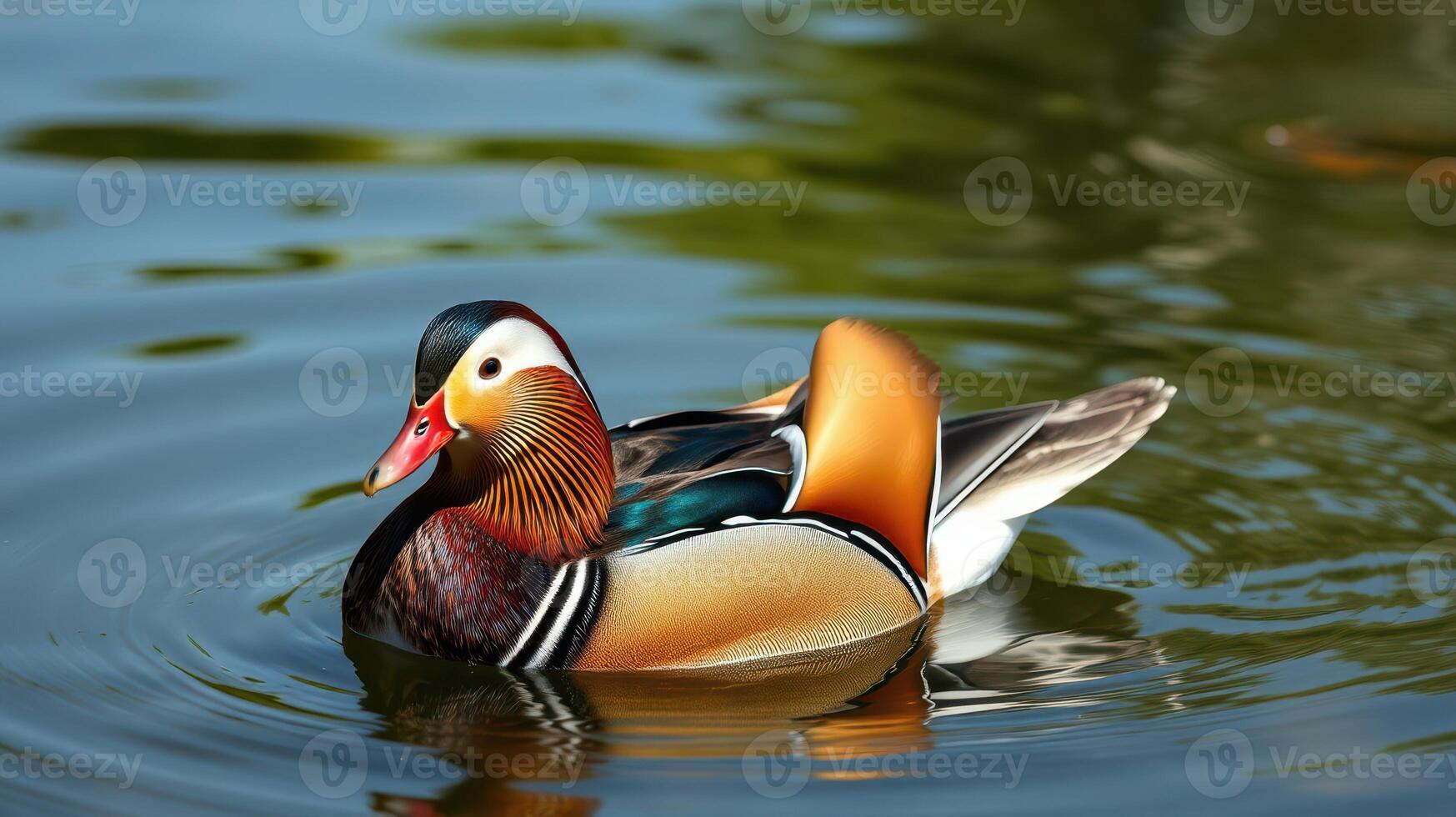 Colorful mandarin duck swimming in tranquil water with ripples reflecting sunlight in a serene natural setting photo