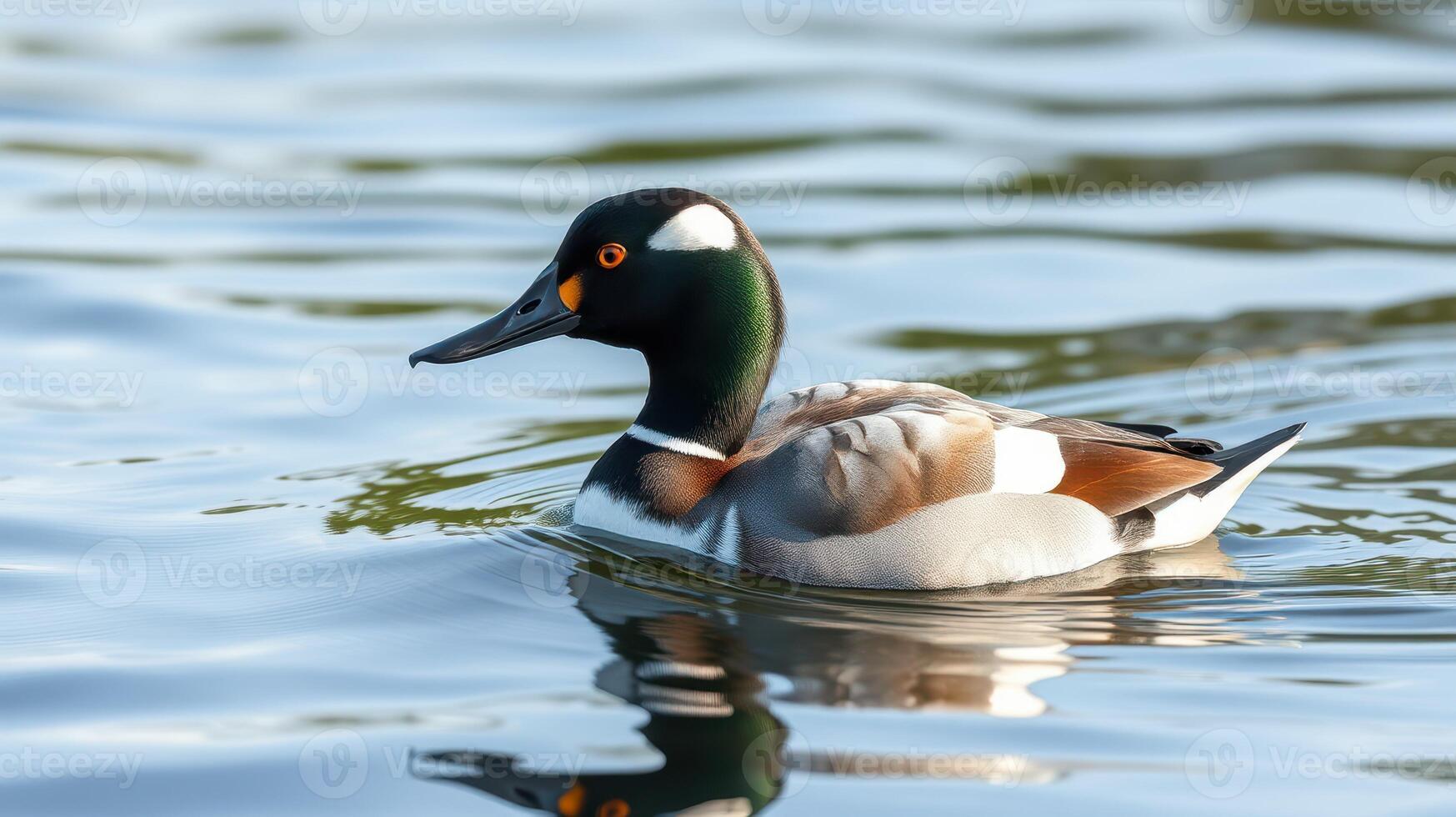 Swimming duck with distinctive markings gliding across a calm lake during daylight hours photo