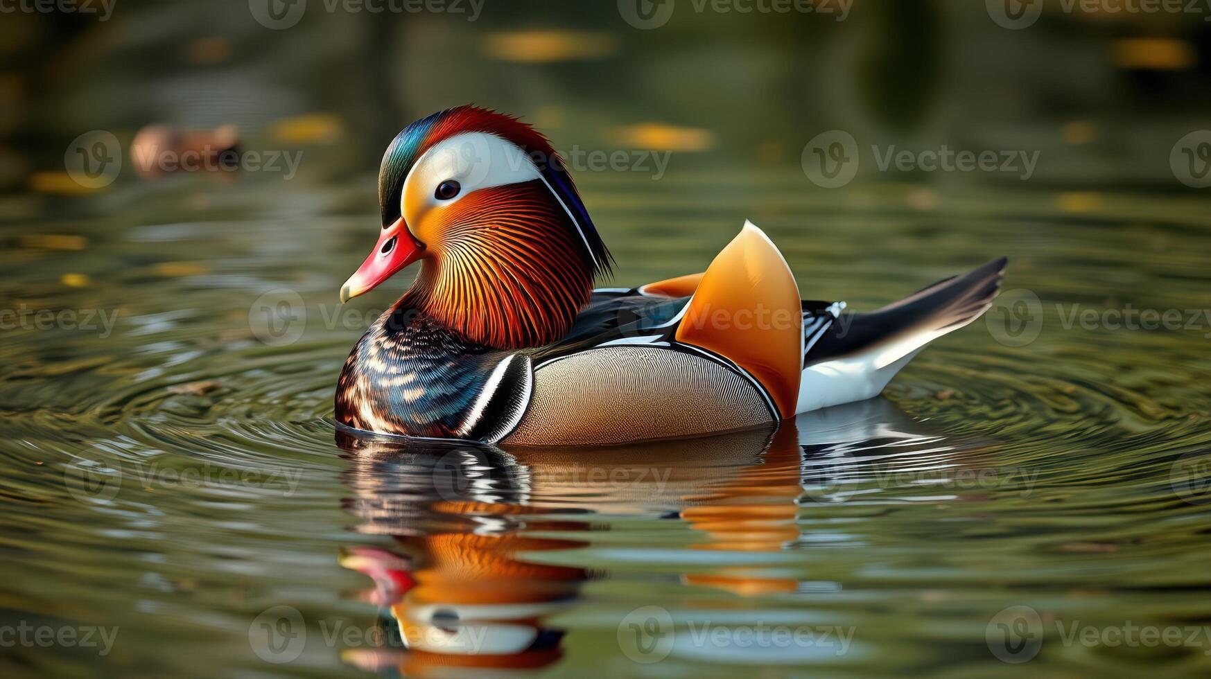 Colorful mandarin duck swims gracefully in a tranquil pond during a sunny afternoon photo