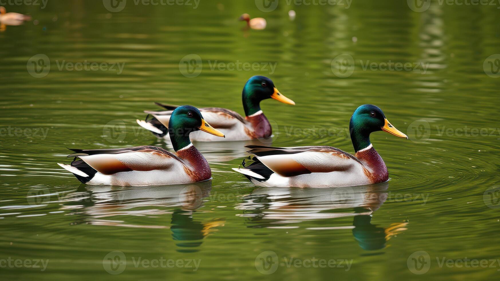 Ducks swim gracefully on a serene pond surrounded by lush greenery during a calm, sunny afternoon photo
