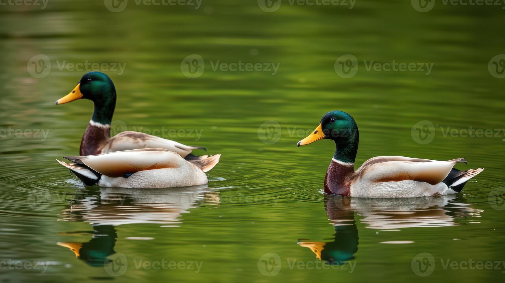 Ducks swim peacefully in a serene pond surrounded by lush greenery during calm daylight hours photo