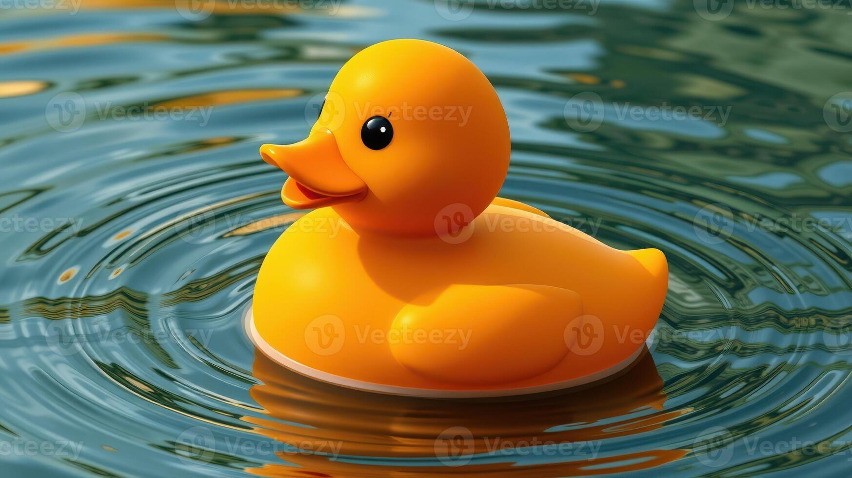 Colorful rubber duck floats serenely on calm water under soft sunlight in a tranquil setting photo