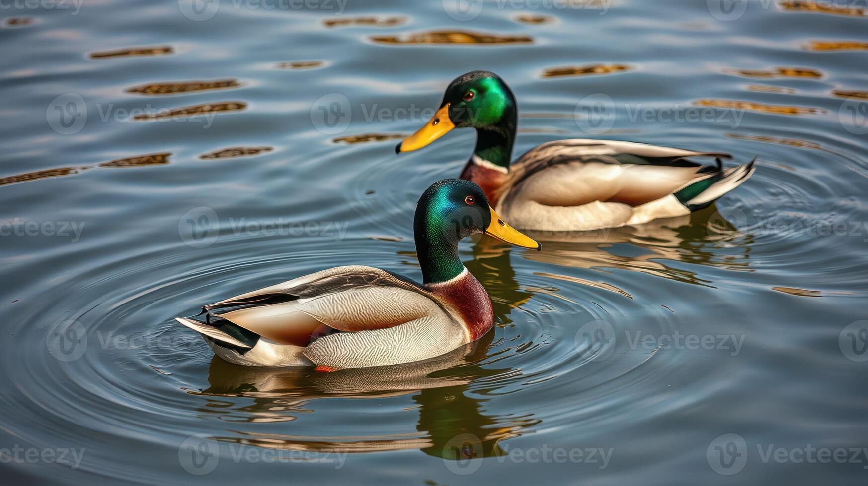 Two mallard ducks swimming gracefully on a tranquil pond surrounded by rippling water photo