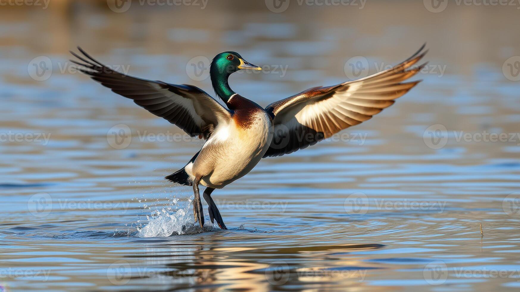 Mallard duck gracefully landing on a serene lake at dusk with wings spread wide and water splashing photo