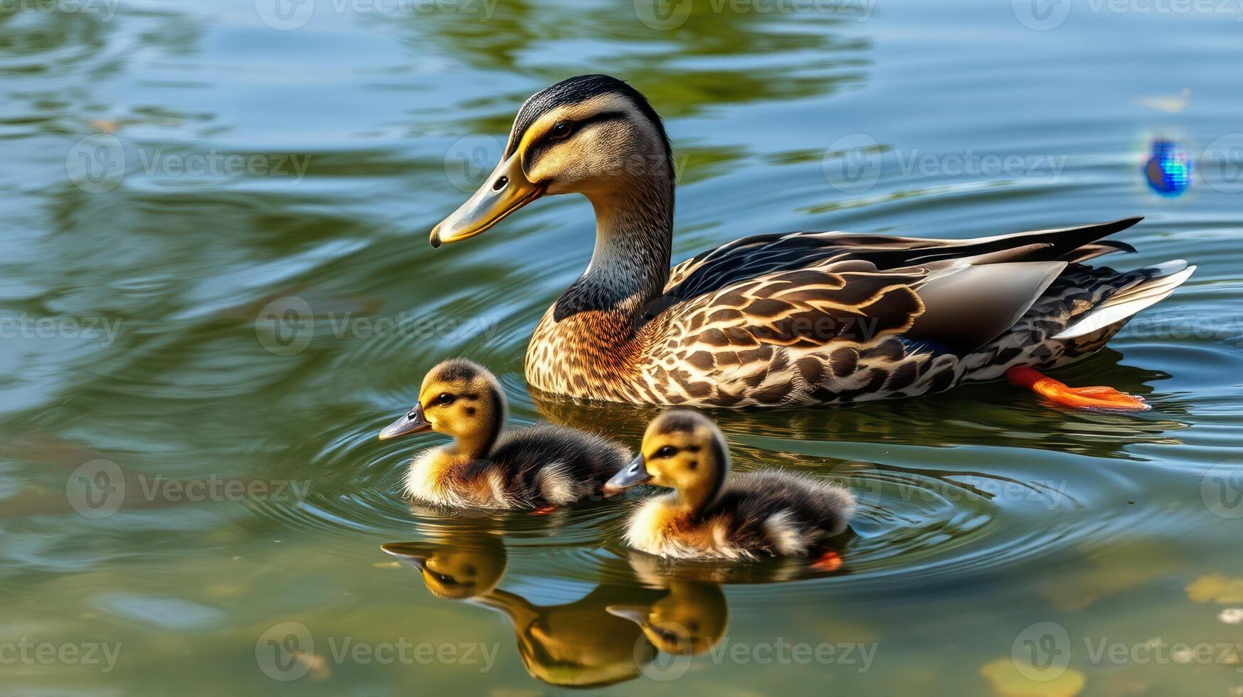 Mother duck with ducklings swimming in a serene pond during a sunny afternoon photo