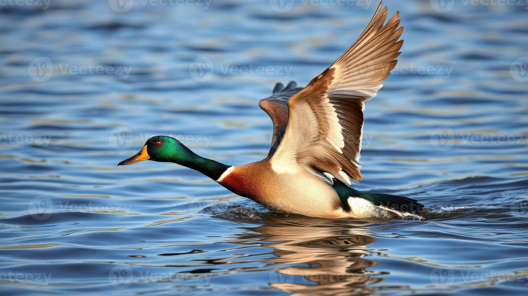 Mallard duck taking flight over serene waters during early morning light photo