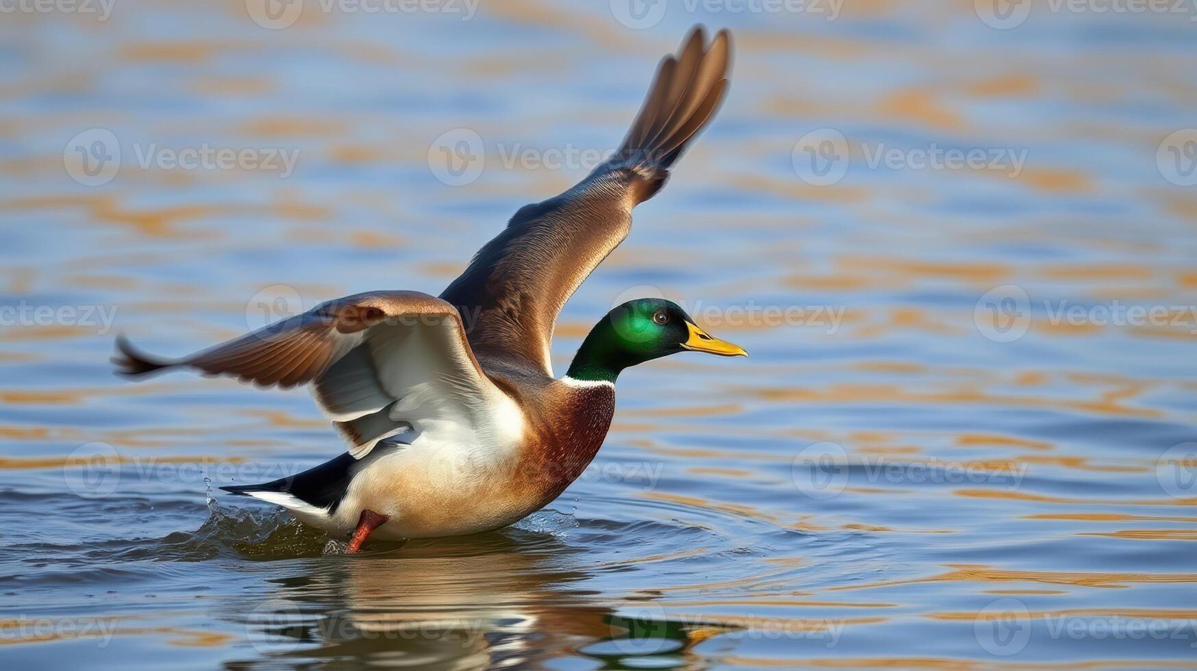 Mallard duck taking flight over a serene lake during early morning light photo