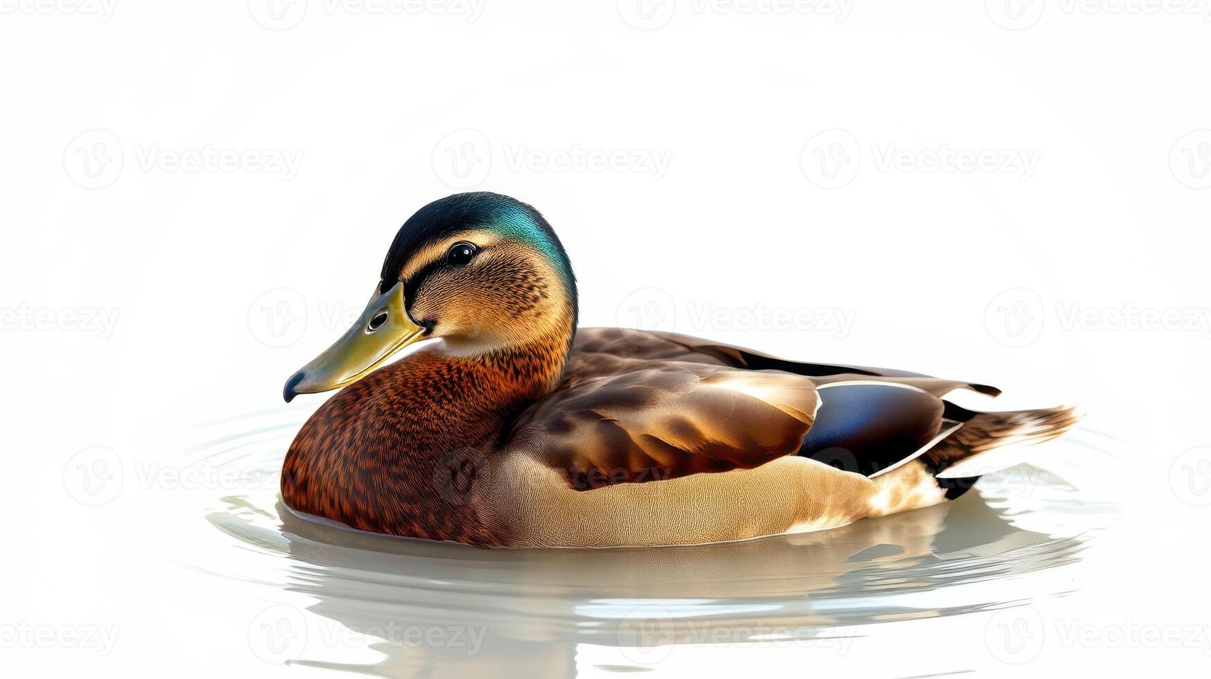 Colorful duck swims gracefully in calm water under soft light in a serene natural setting photo