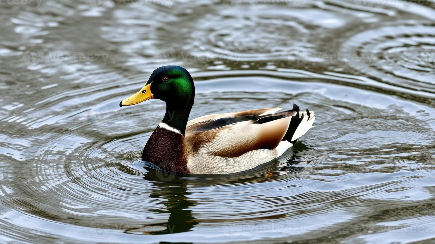 Mallard duck swimming in rippling water under a cloudy sky during a calm afternoon in a serene pond photo