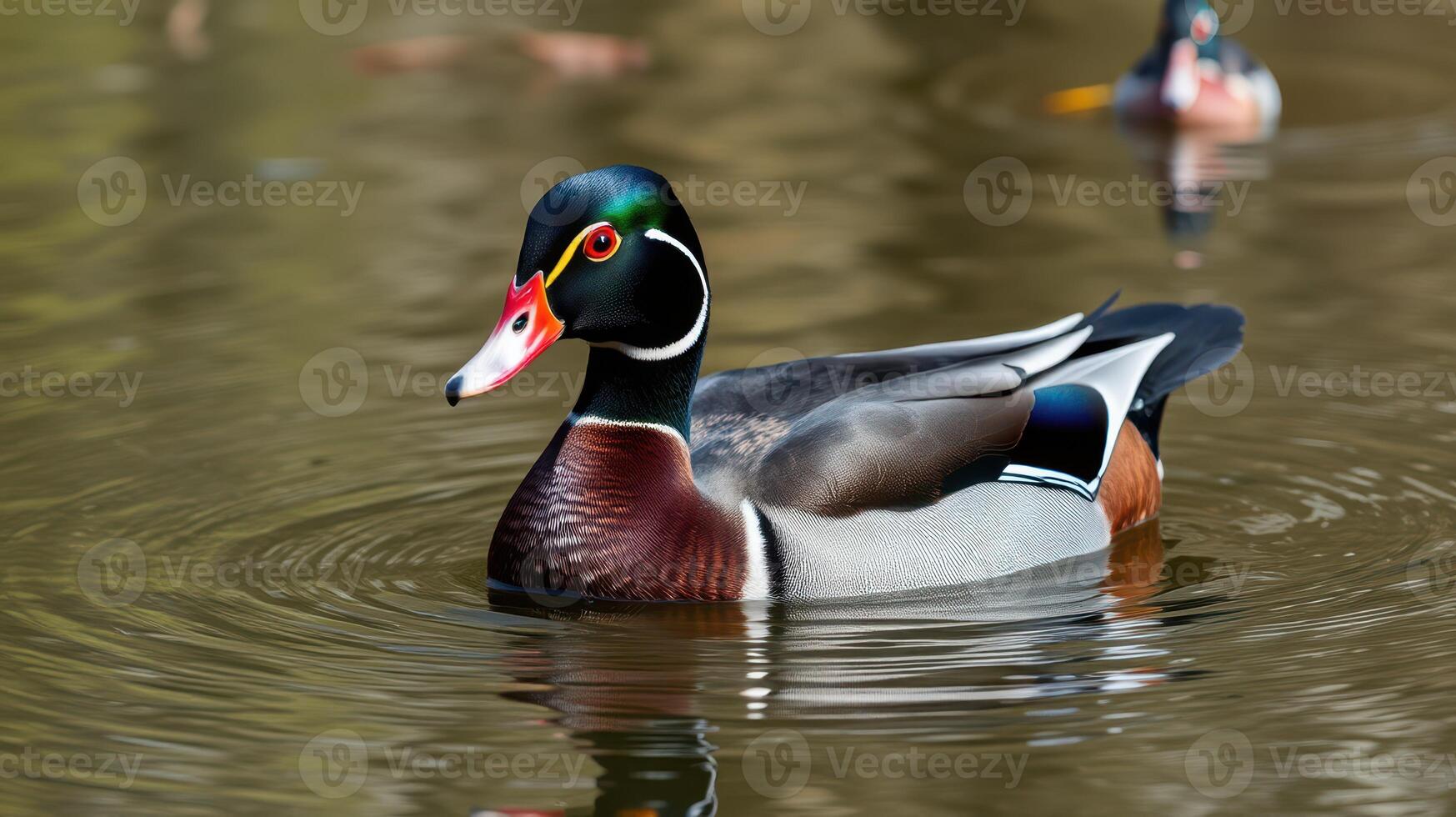 Wood duck gliding gracefully on a calm lake surrounded by lush greenery and reflecting warm sunlight during a tranquil afternoon photo