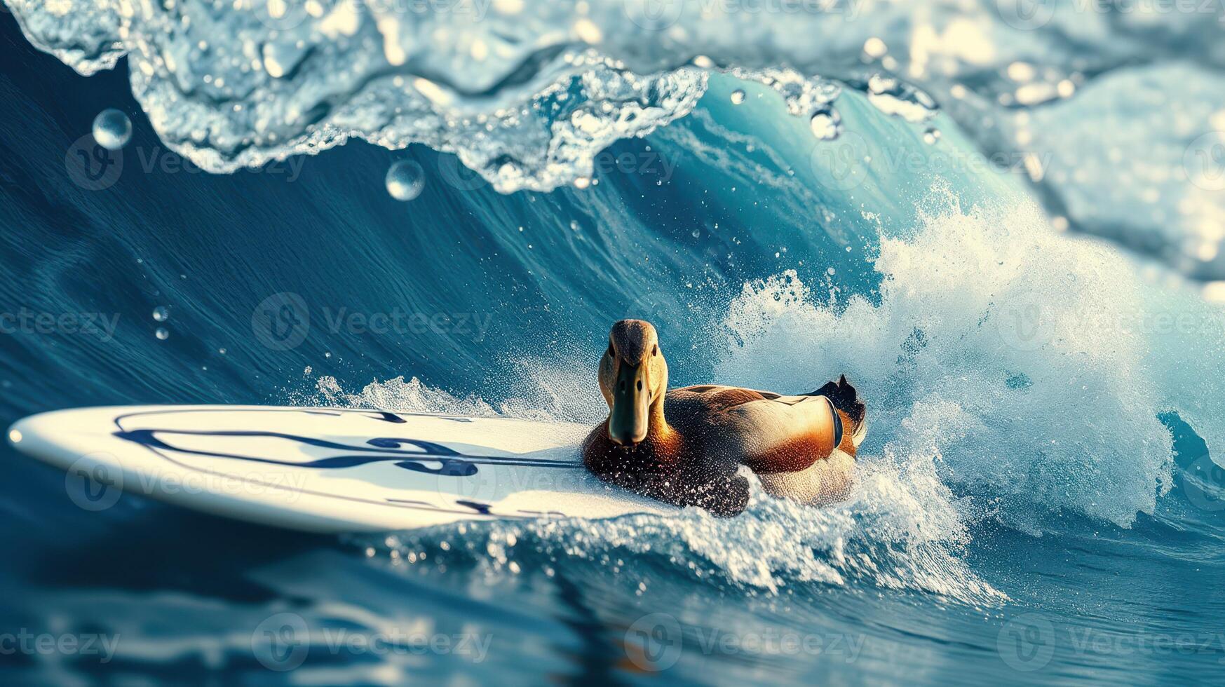 Duck surfing on a wave while riding a surfboard in a sunny ocean landscape photo