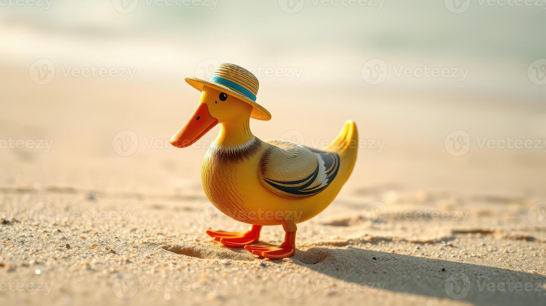 Colorful toy duck wearing a straw hat on sandy beach during sunny day photo