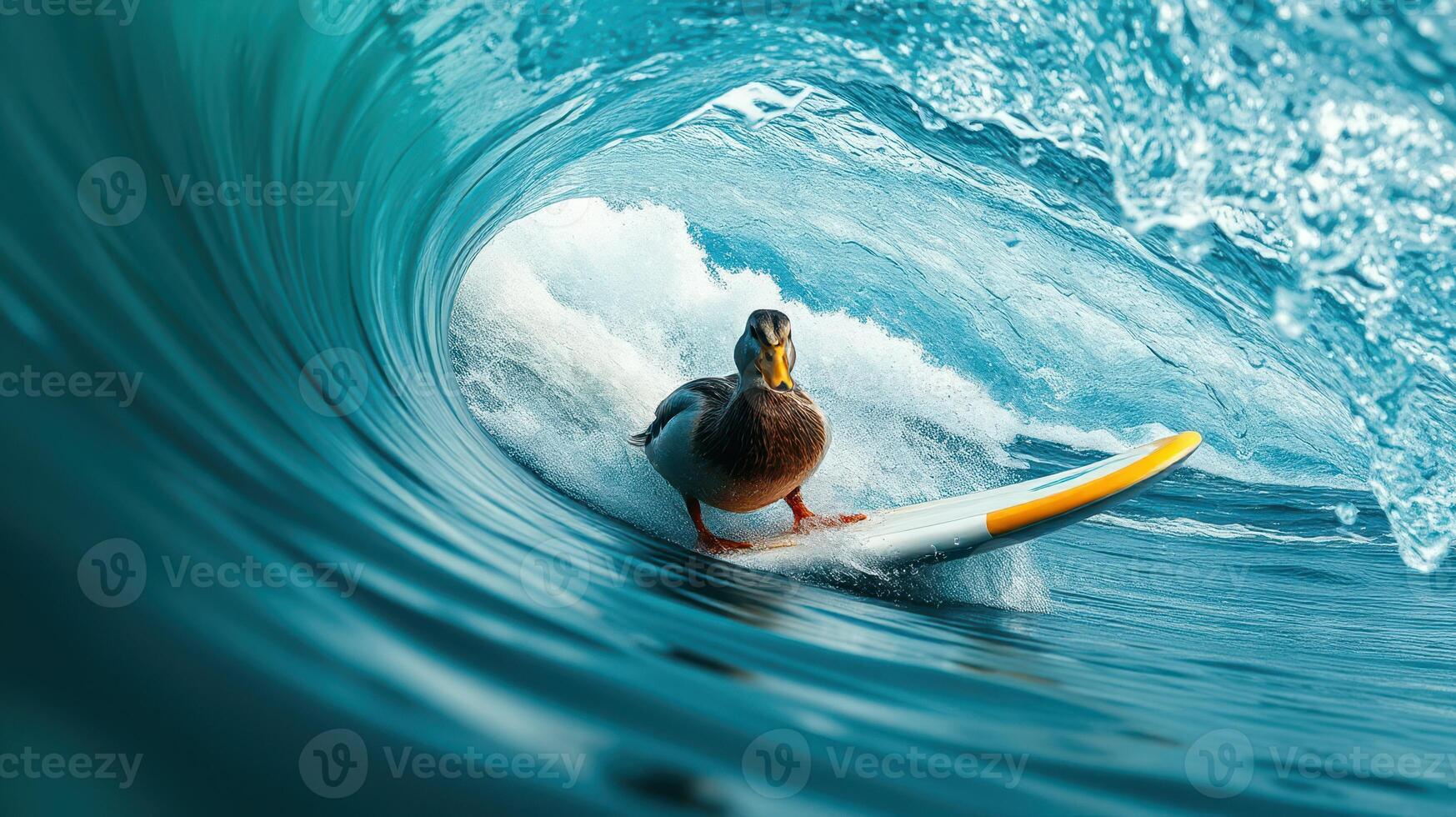 Duck rides the waves on a surfboard amid a beautiful blue ocean in a playful moment photo