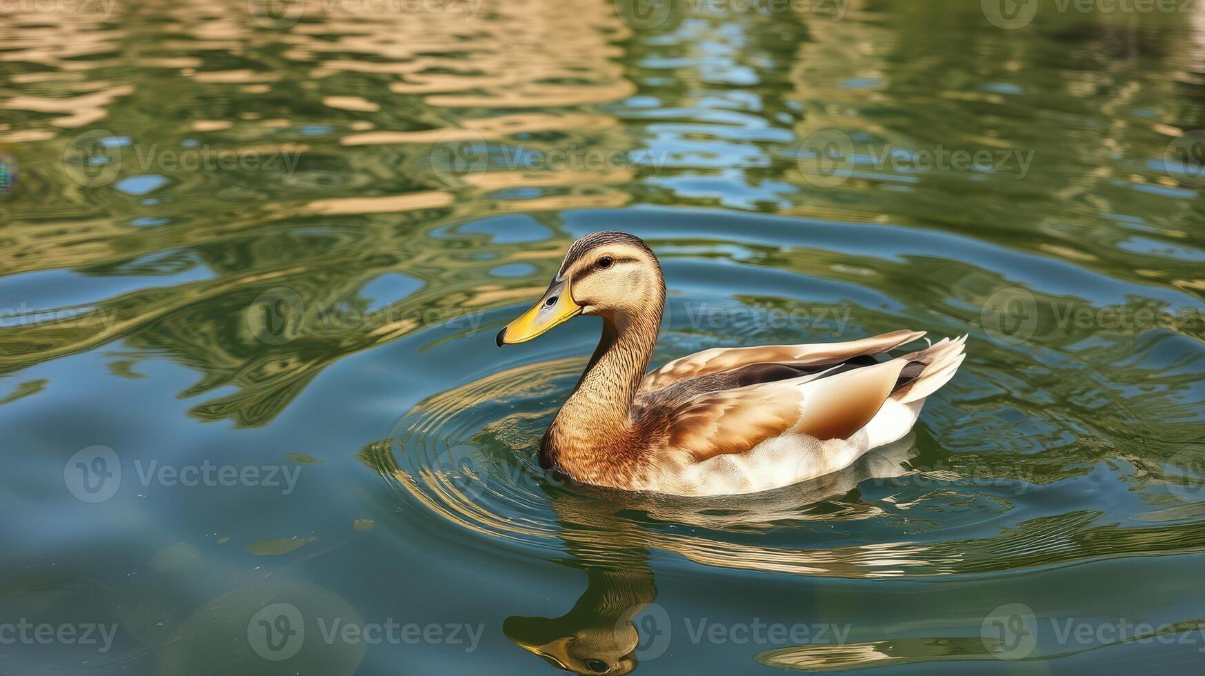 Duck swimming gracefully in a serene pond surrounded by lush greenery photo