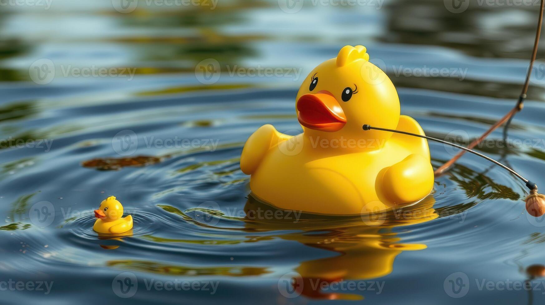 Bright yellow rubber ducks floating on calm water during a sunny day photo